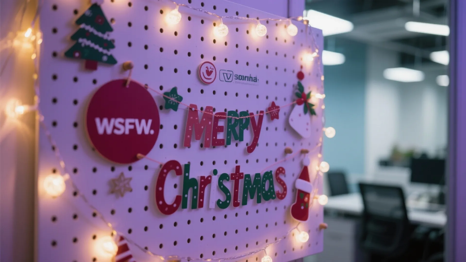 Holiday message board with fairy lights