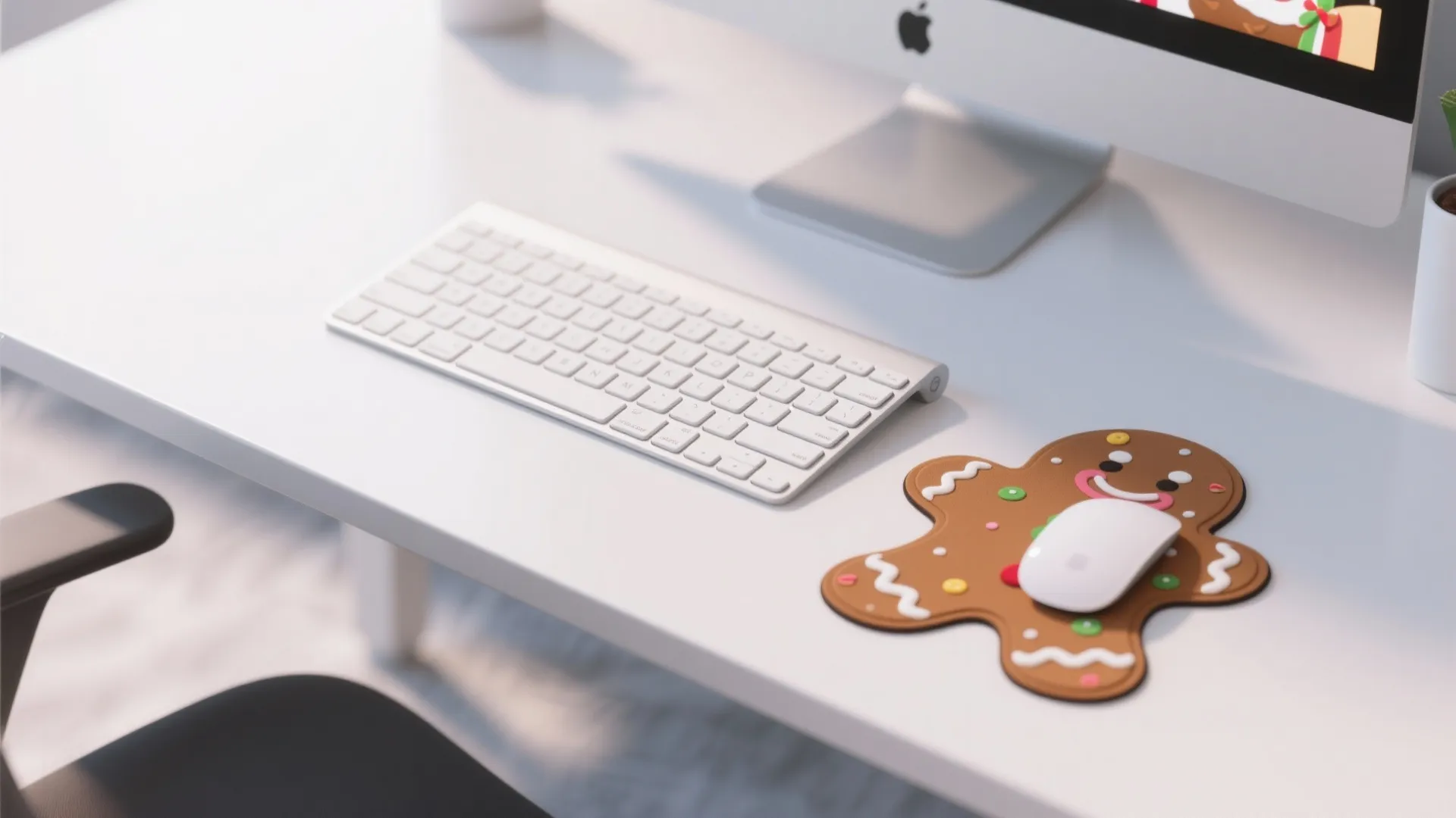 Gingerbread man shaped mouse pad with a white mouse on a clean white office desk