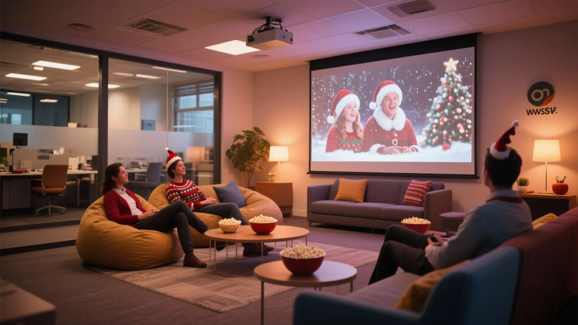 People watching a Christmas movie on a large projector screen in a cozy office lounge
