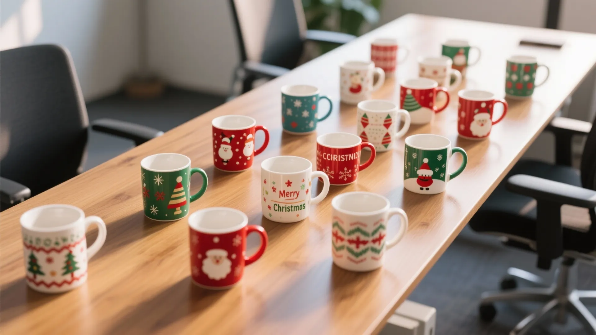 Collection of festive Christmas coffee mugs with holiday patterns arranged on a wooden office table
