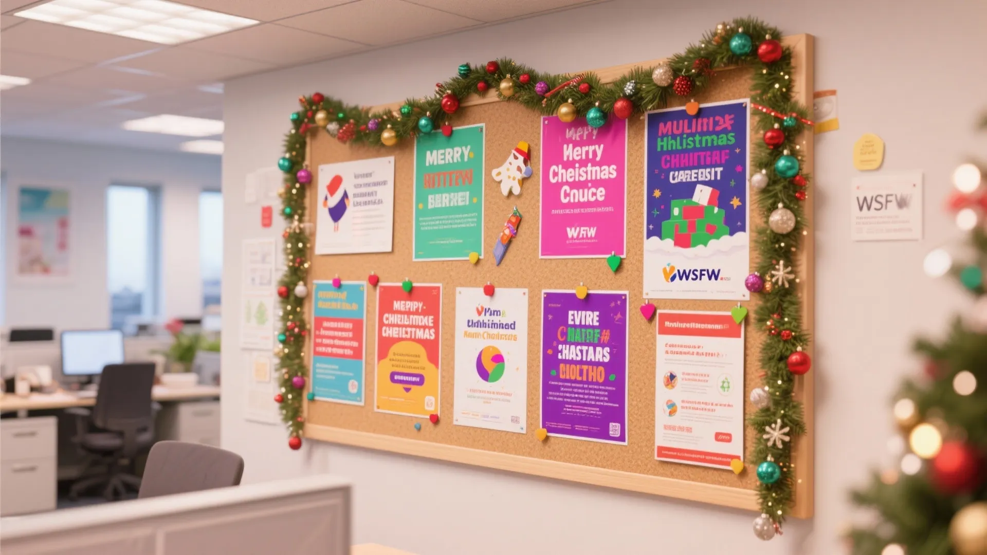 Office cork board decorated with colorful Christmas posters and green garland with red gold balls