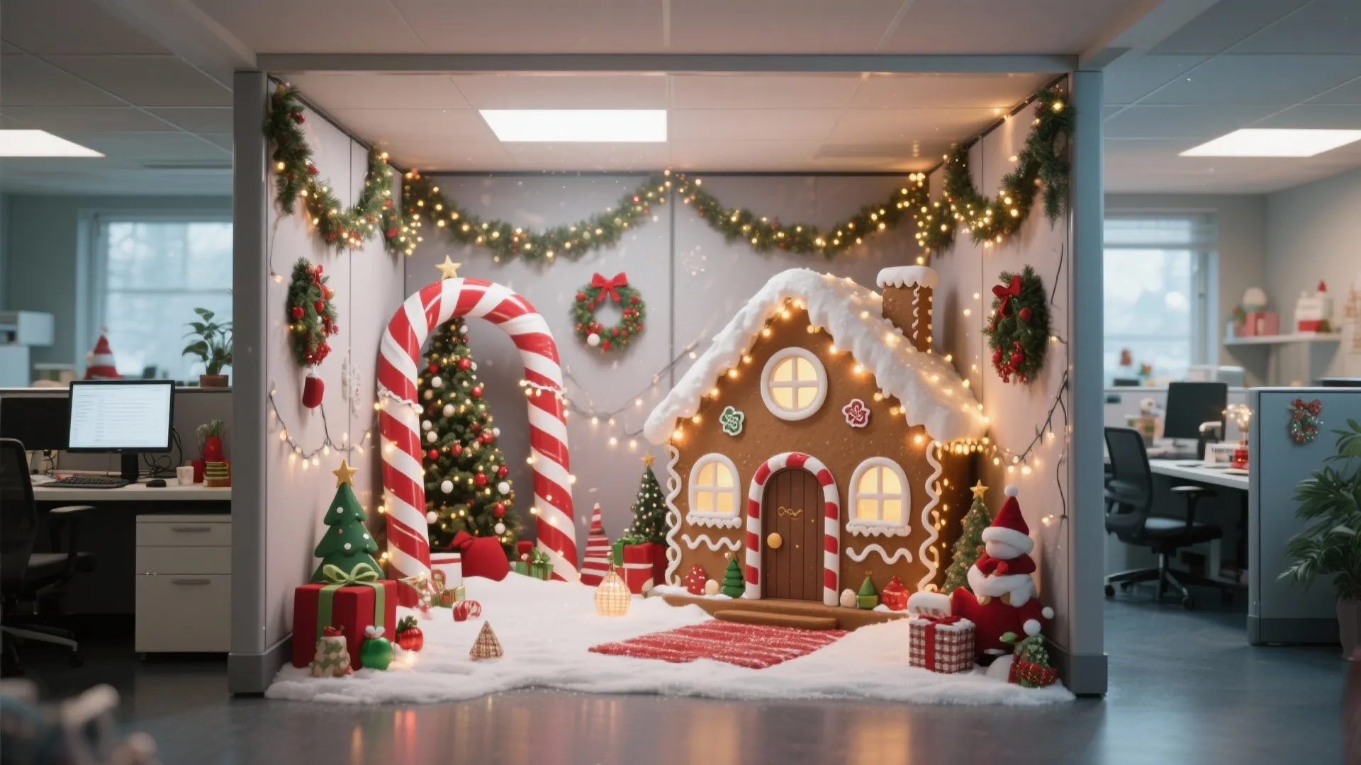 Office cubicle decorated as a gingerbread house with snow floor candy cane arch and tree