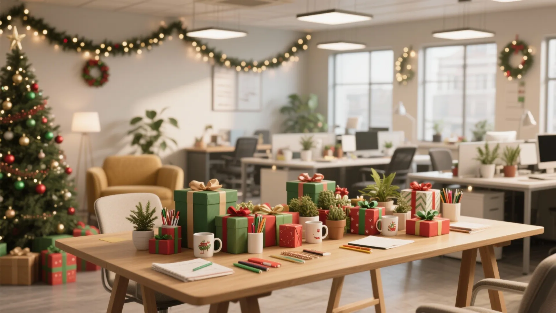 Christmas office with a decorated tree and many gift boxes on a large wooden desk