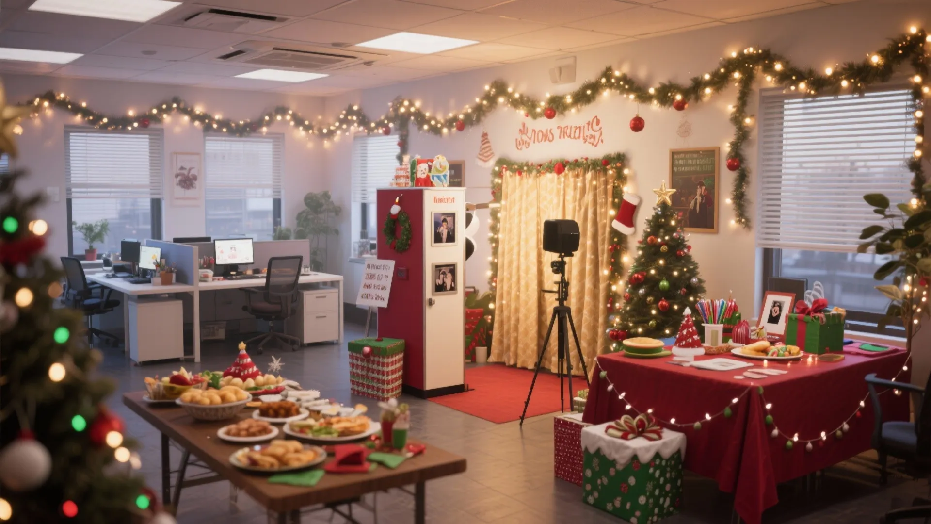 Decorated office room with Christmas tree food tables photo booth area and festive wall lights