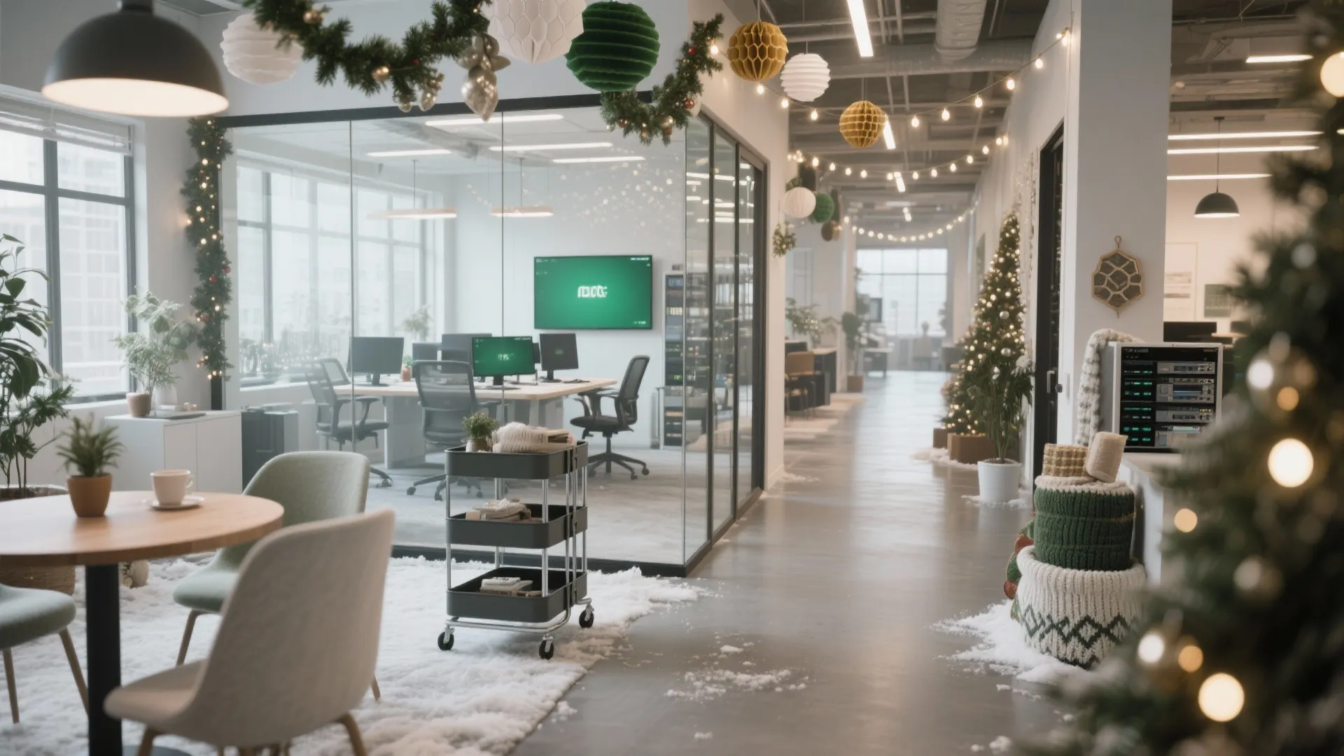 Modern office interior with glass walls, Christmas tree, festive decorations, desks, monitors, and holiday lights