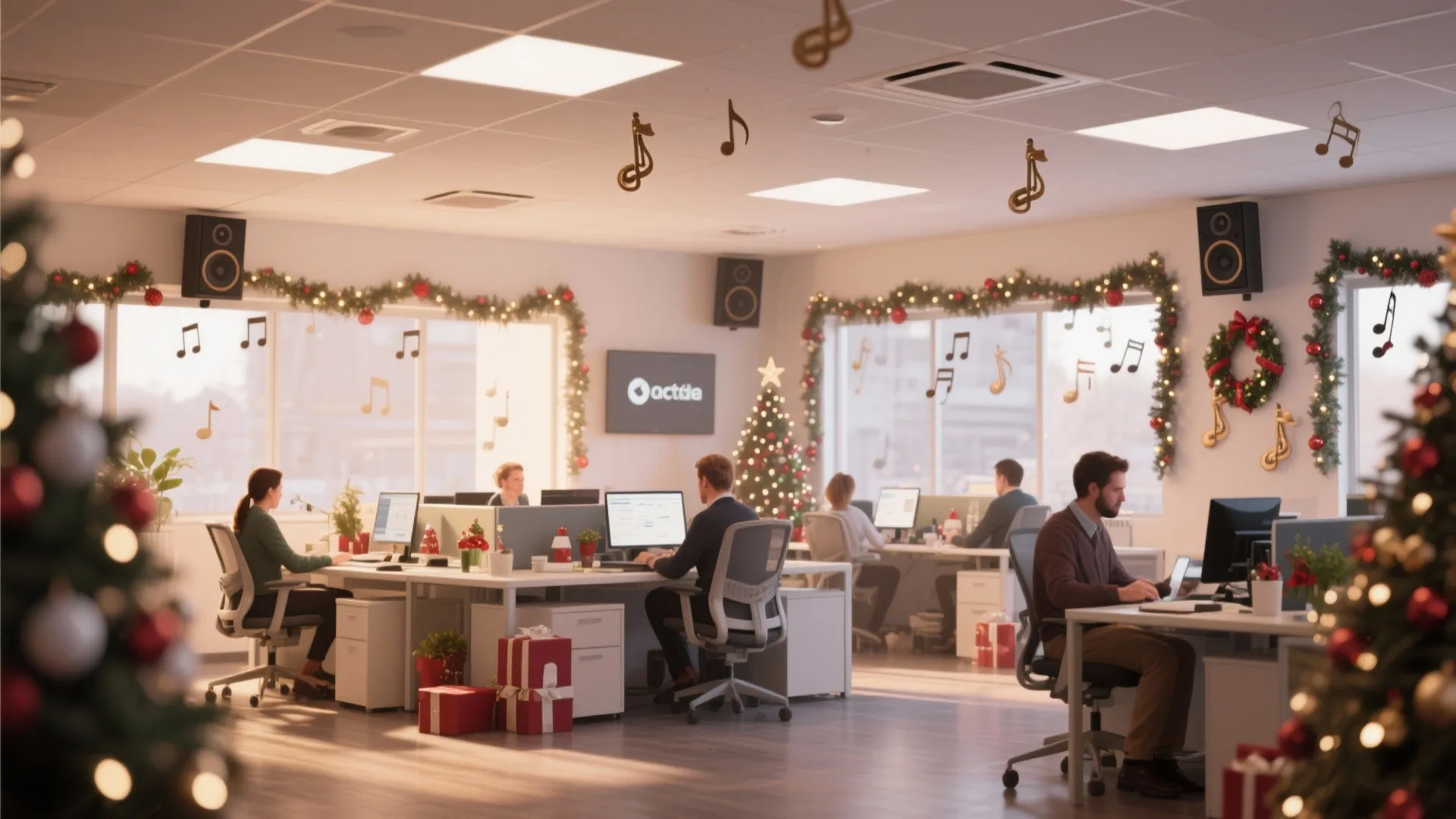 Festive office space with holiday music playing