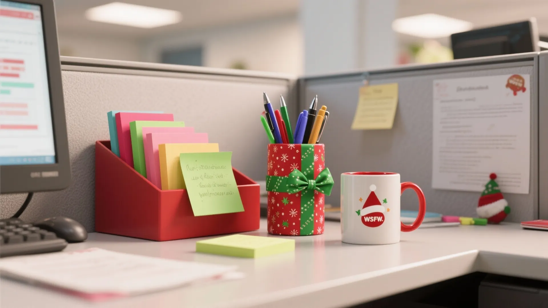 Office desk featuring colorful sticky notes, red gift pen holder, and a white coffee mug