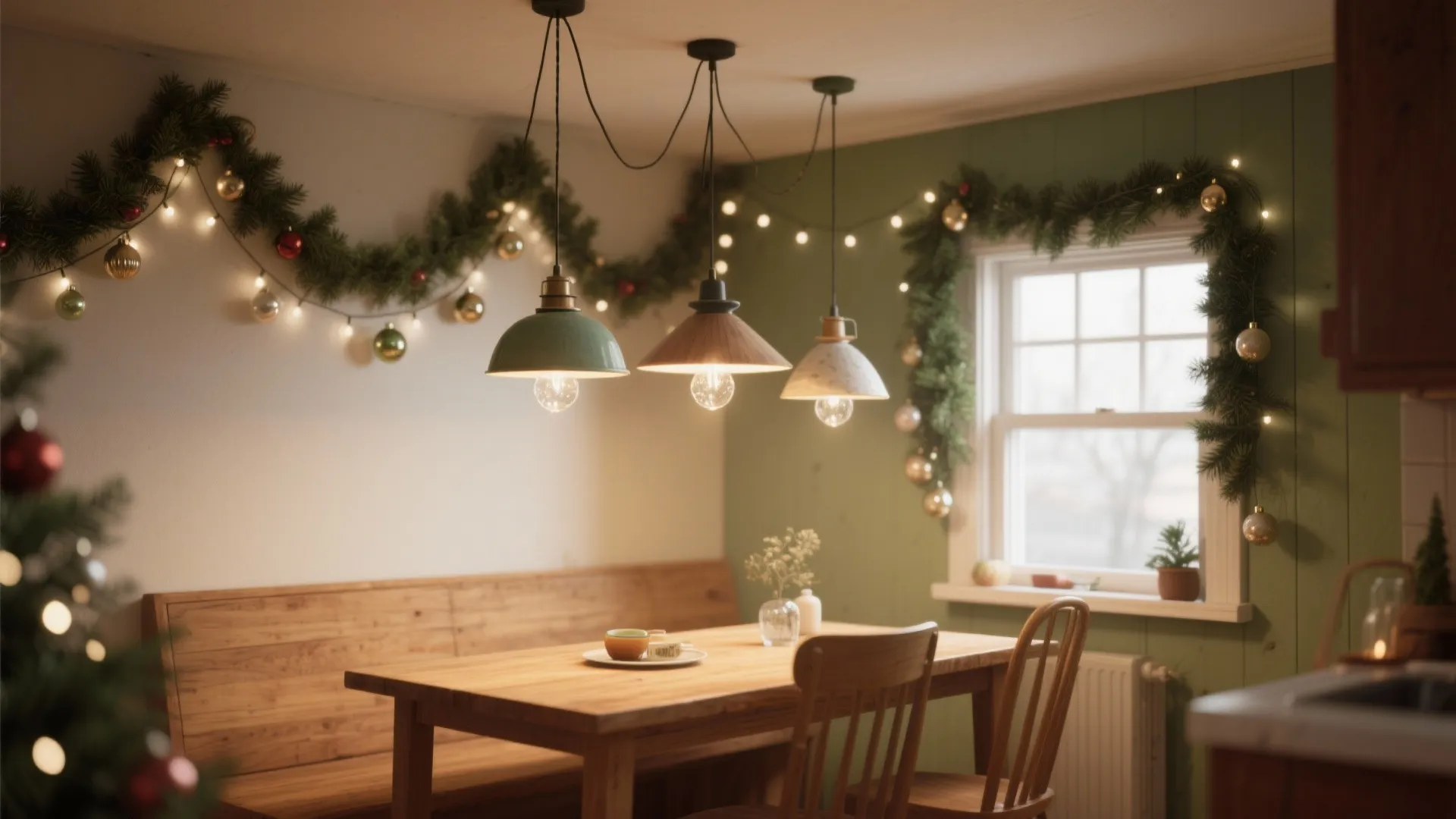 Dining room with three ceiling lights wooden table green wall and Christmas garland with lights