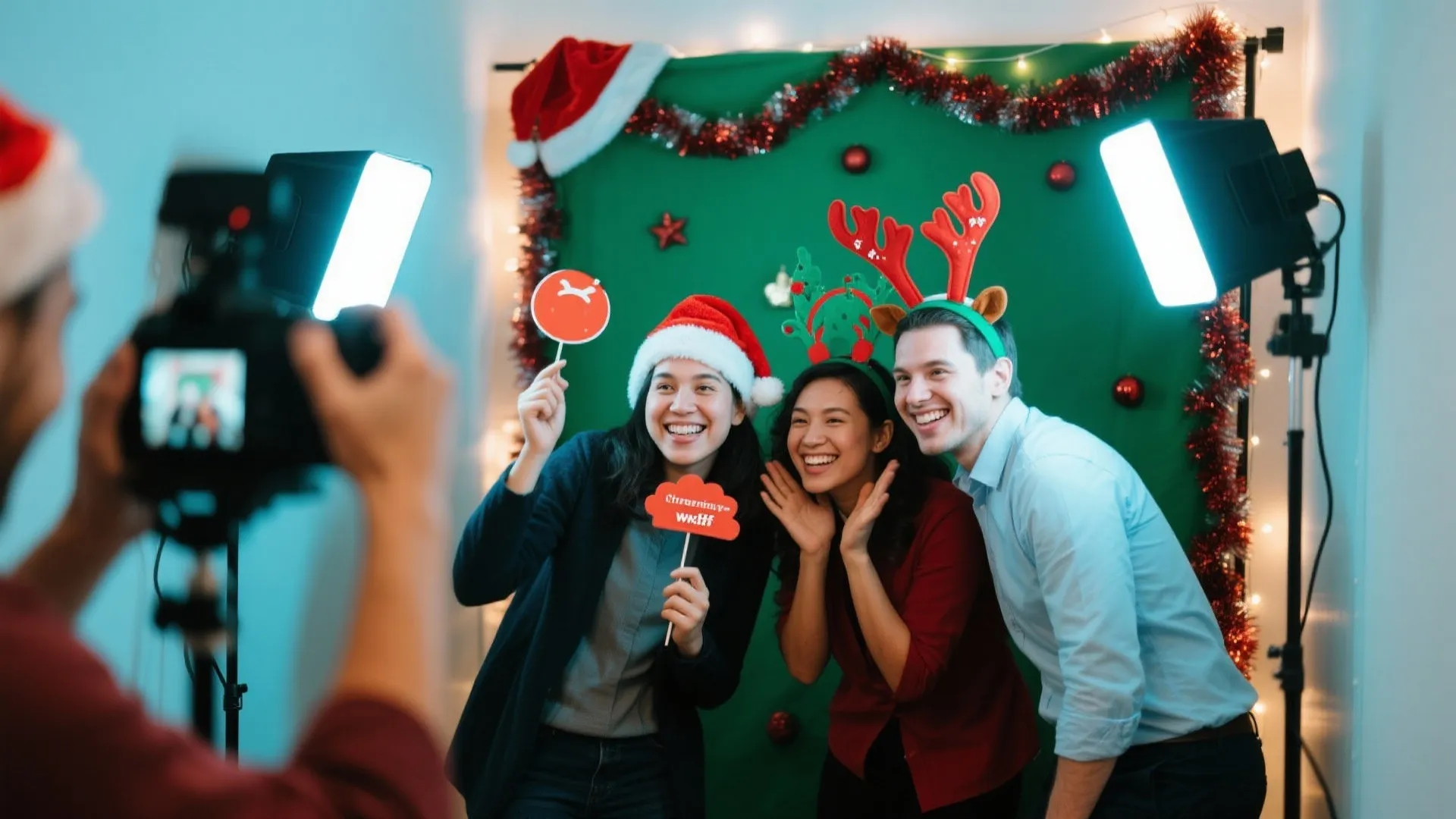 Three smiling people wearing holiday hats and antlers posing for photos in a green studio