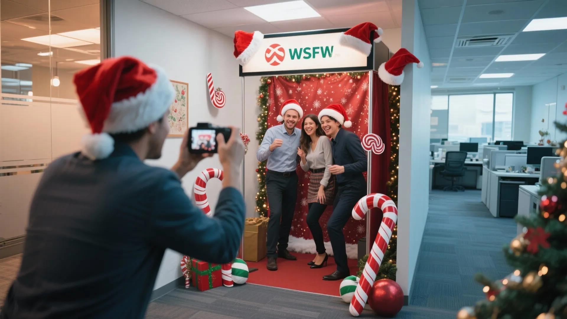 Colleagues taking a picture in a holiday photo booth decorated with red hats and candy
