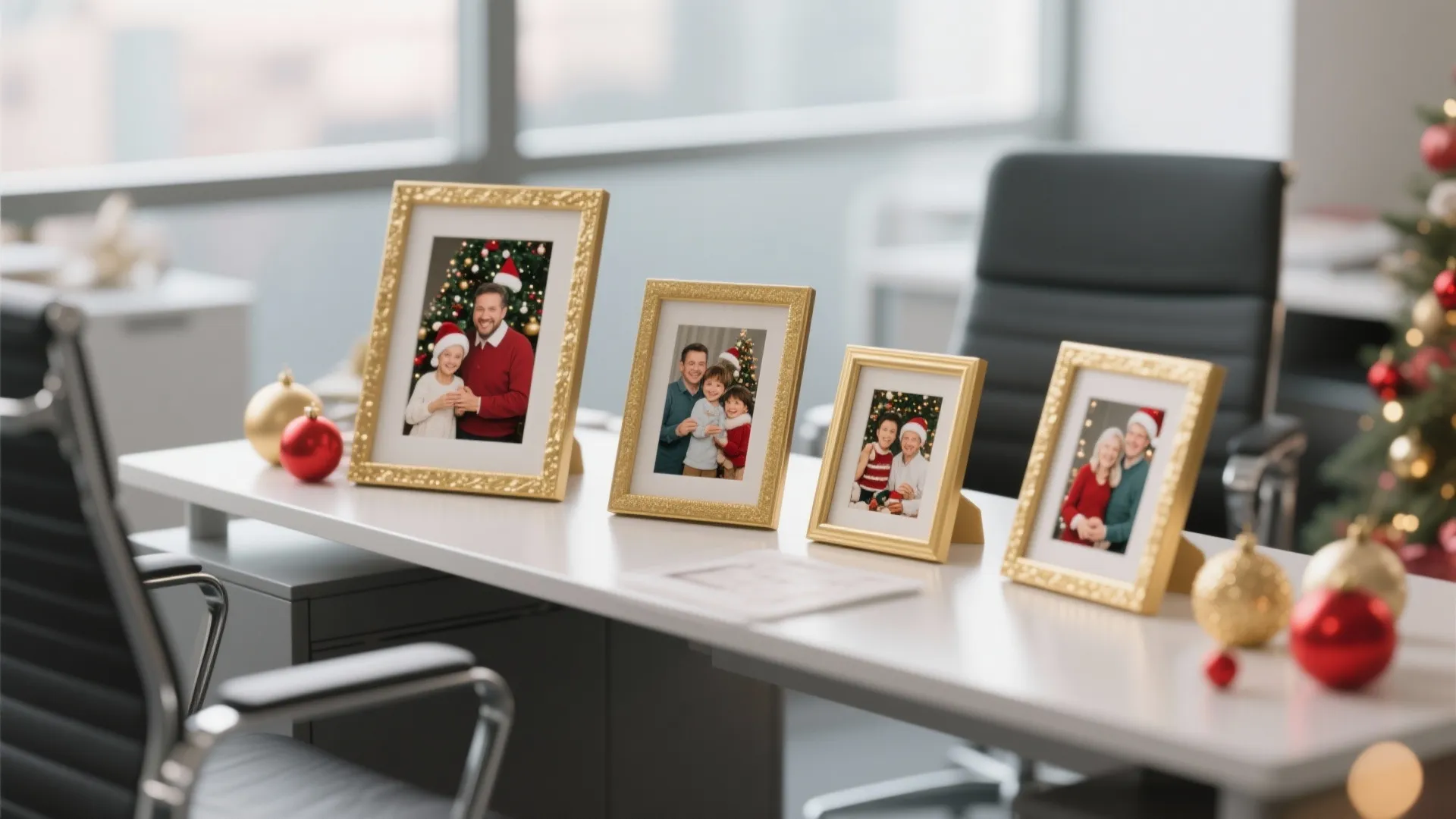 Gold photo frames with Christmas family pictures on a white office desk with festive ornaments