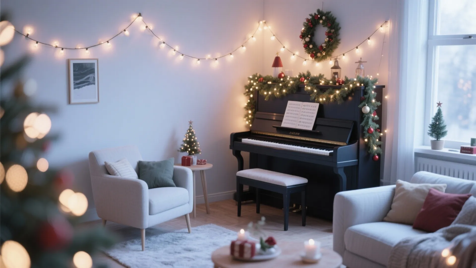 Piano decorated with garlands in a cozy living room