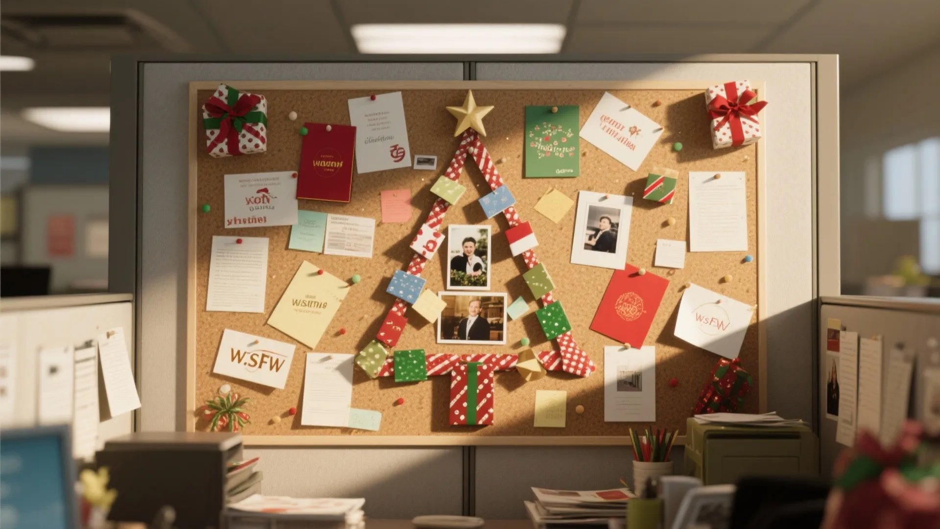 Office cork board decorated with a Christmas tree shape using tape photos cards and gift boxes