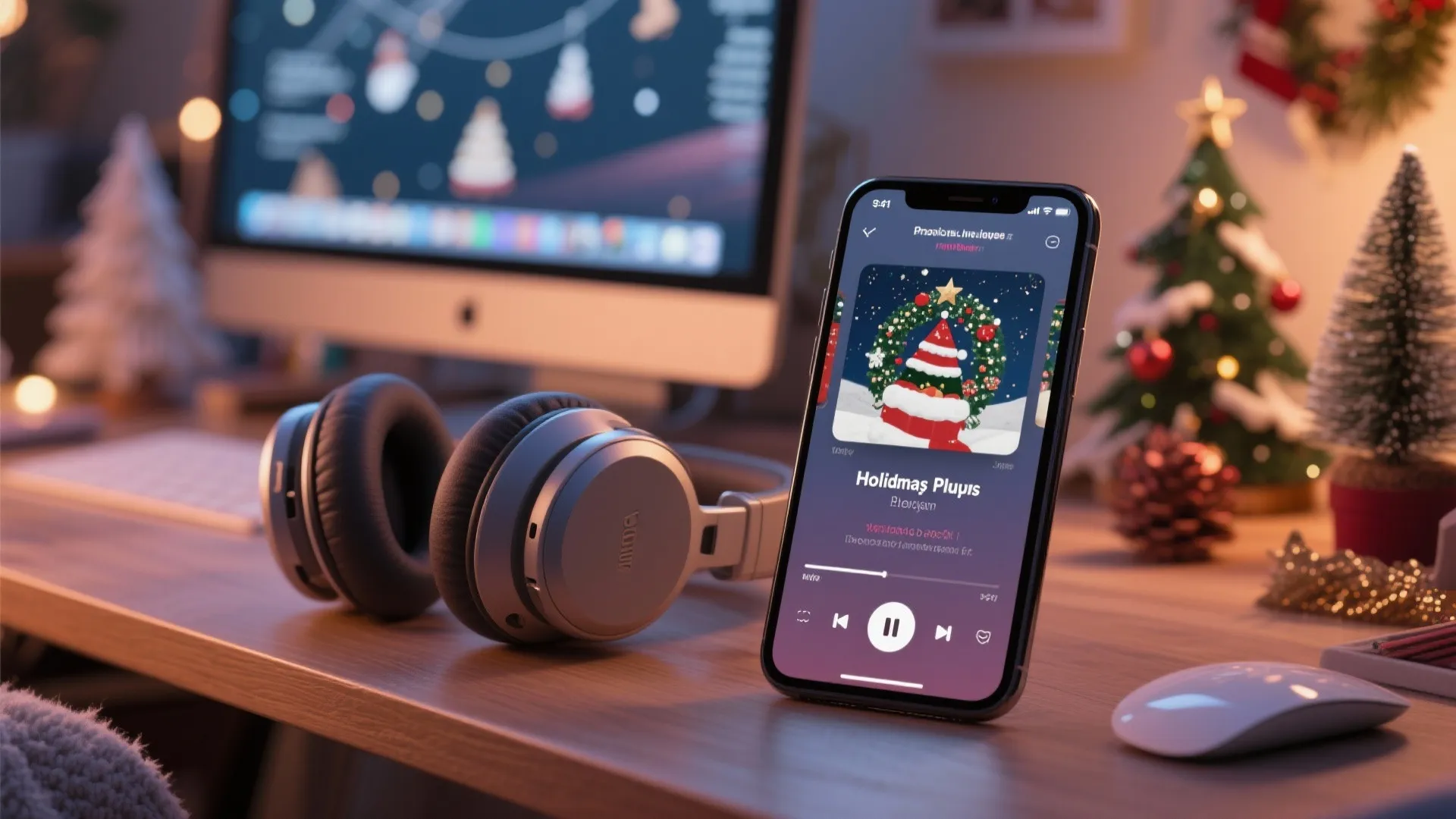 Smartphone playing holiday music next to headphones on a desk with festive Christmas tree decorations