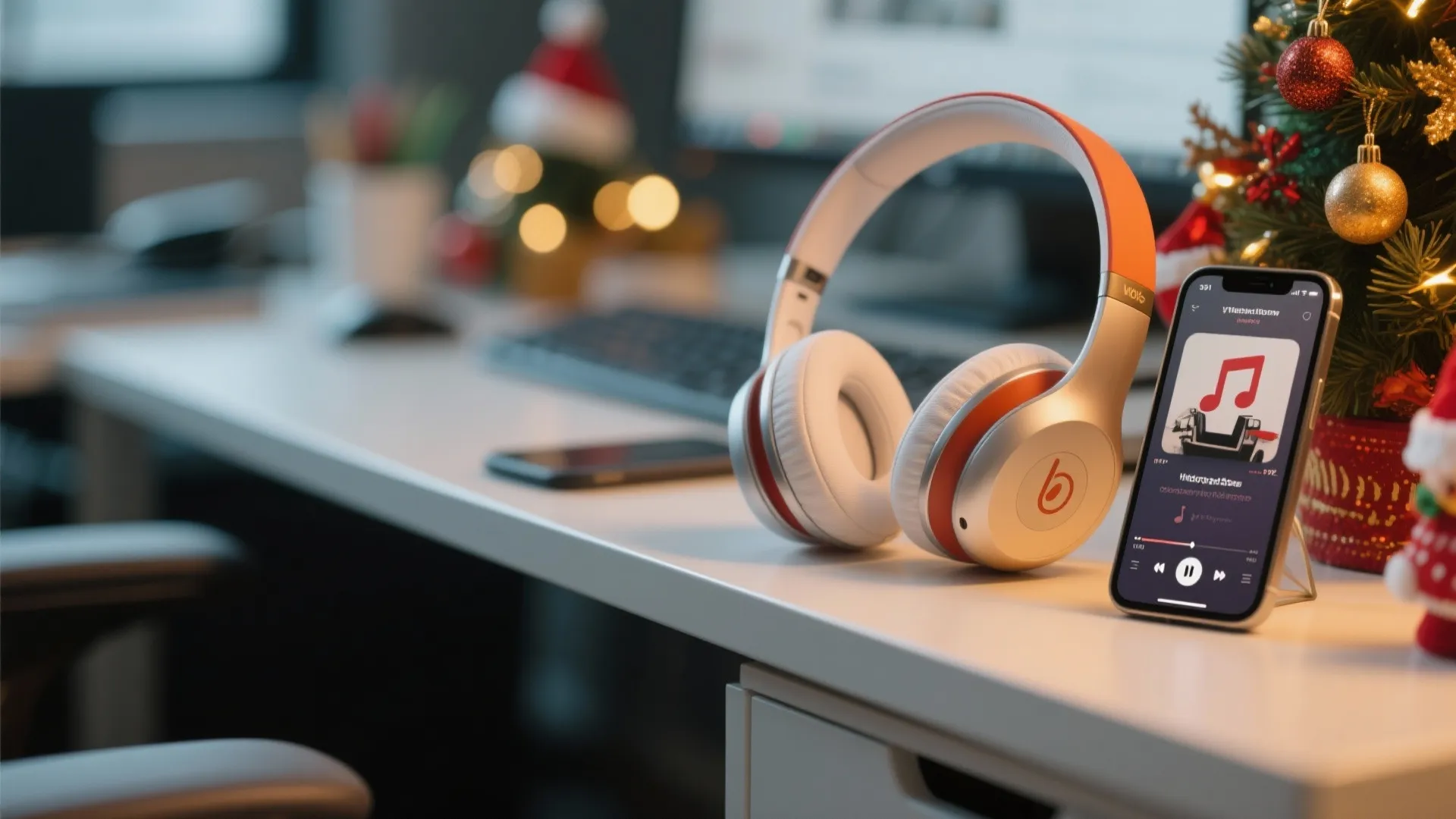 Wireless headphones and smartphone playing holiday music on a white desk with Christmas tree decoration