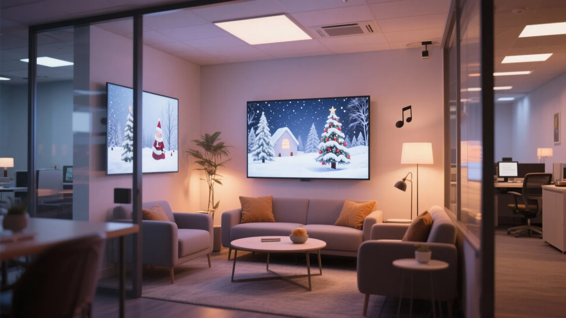 Modern office waiting room with grey sofas and screens showing a snowy winter holiday scene