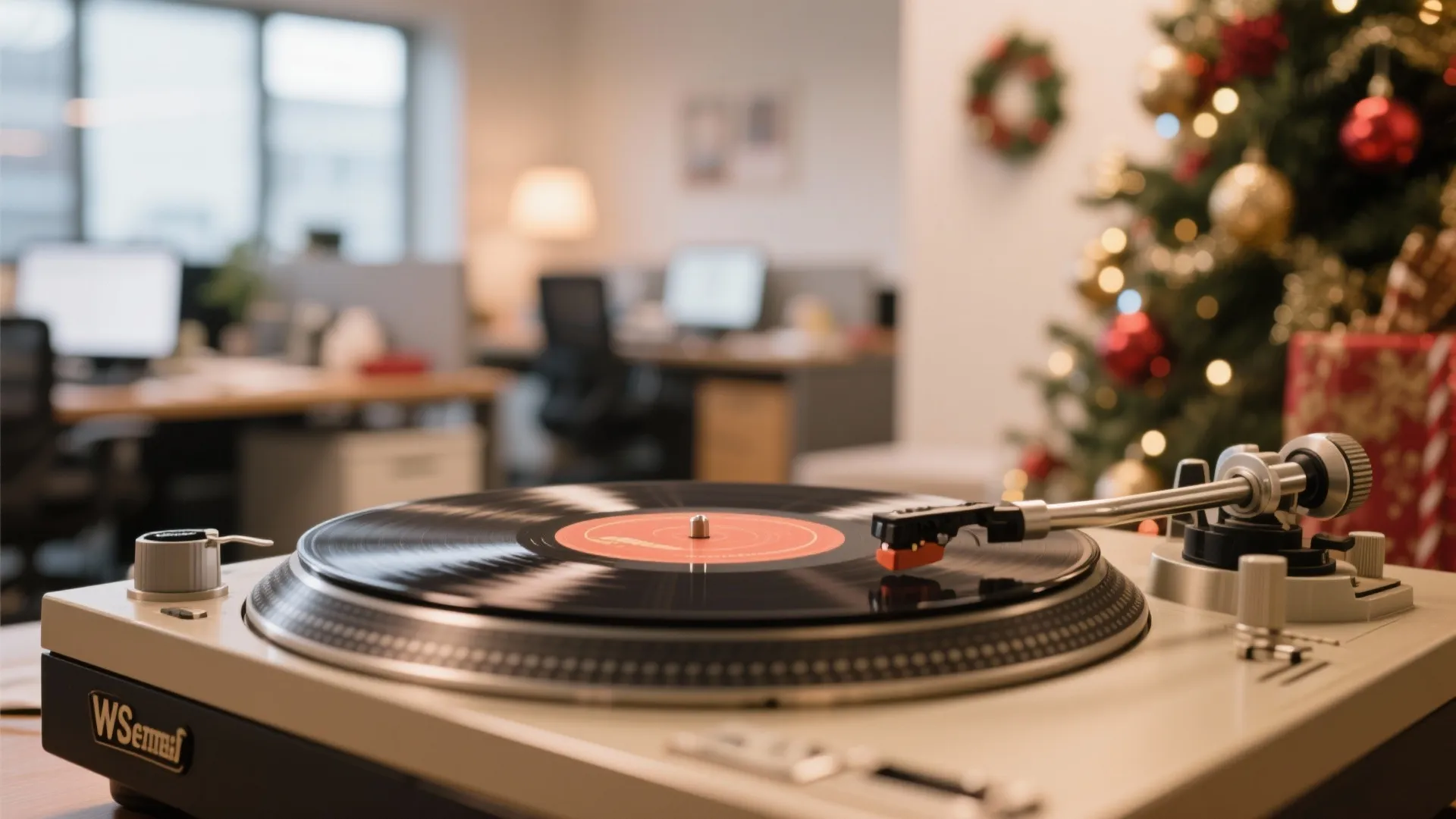 Record player playing vinyl disc in an office decorated with a Christmas tree and lights