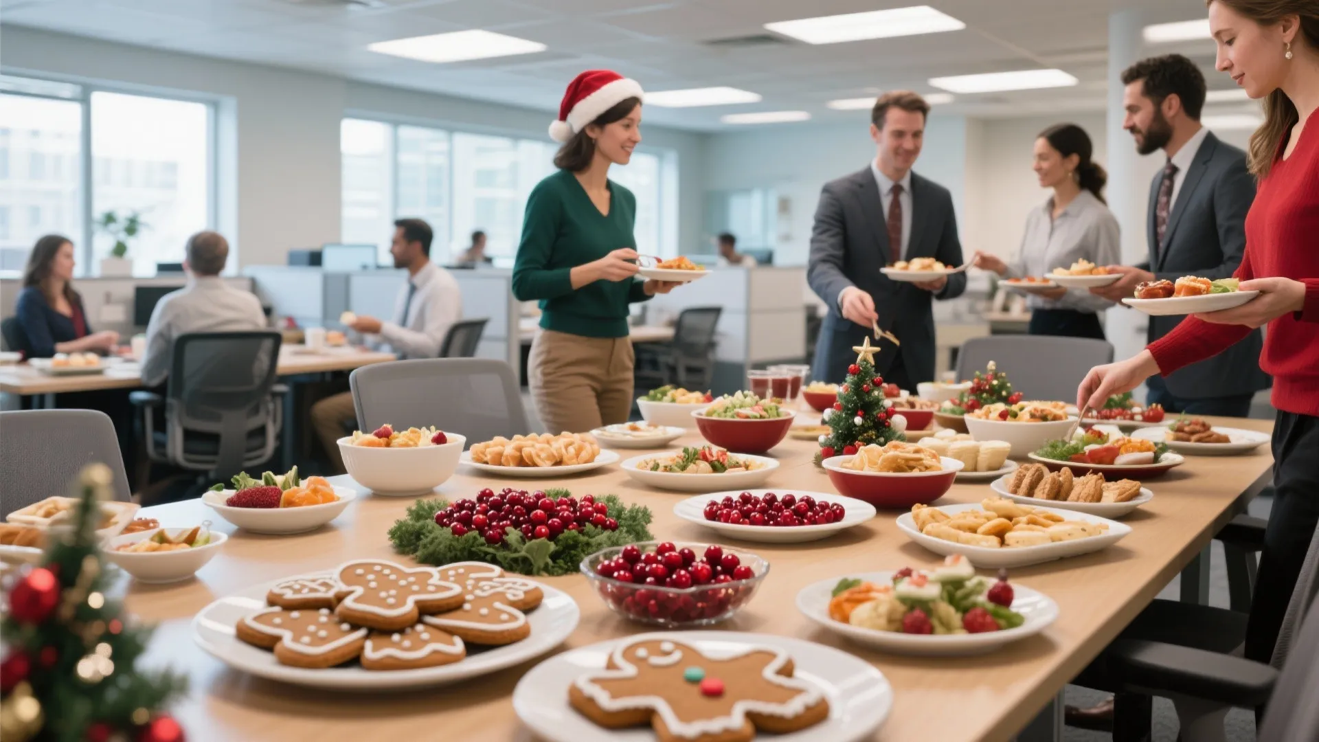 Office holiday party with coworkers gathering around a long table filled with many different dishes
