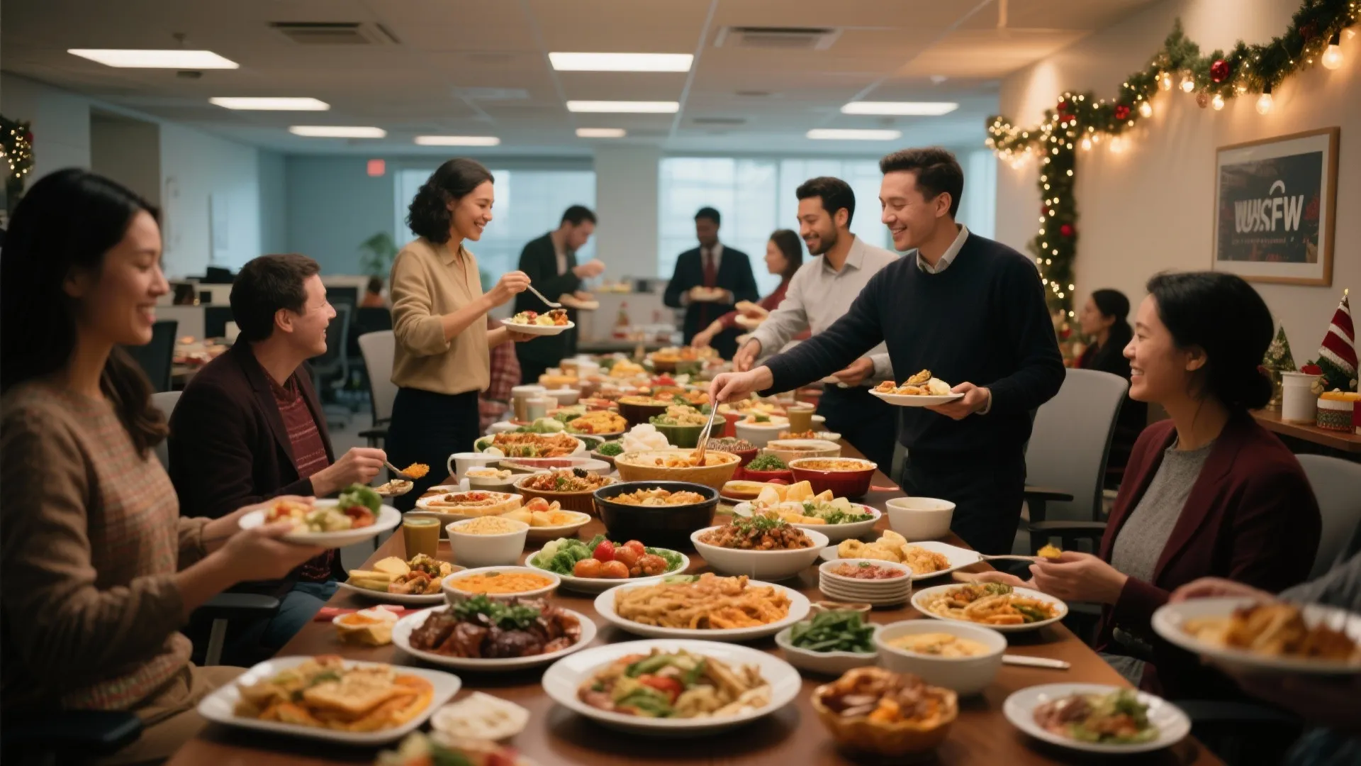 Office colleagues enjoying a holiday potluck lunch with a long table full of varied food
