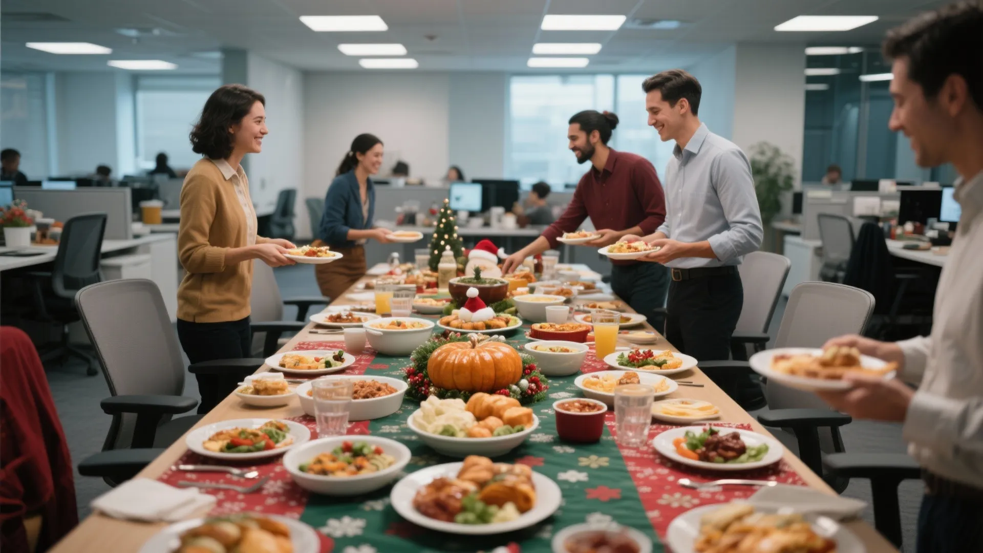 Office employees gathering around a long table filled with holiday food for a winter potluck