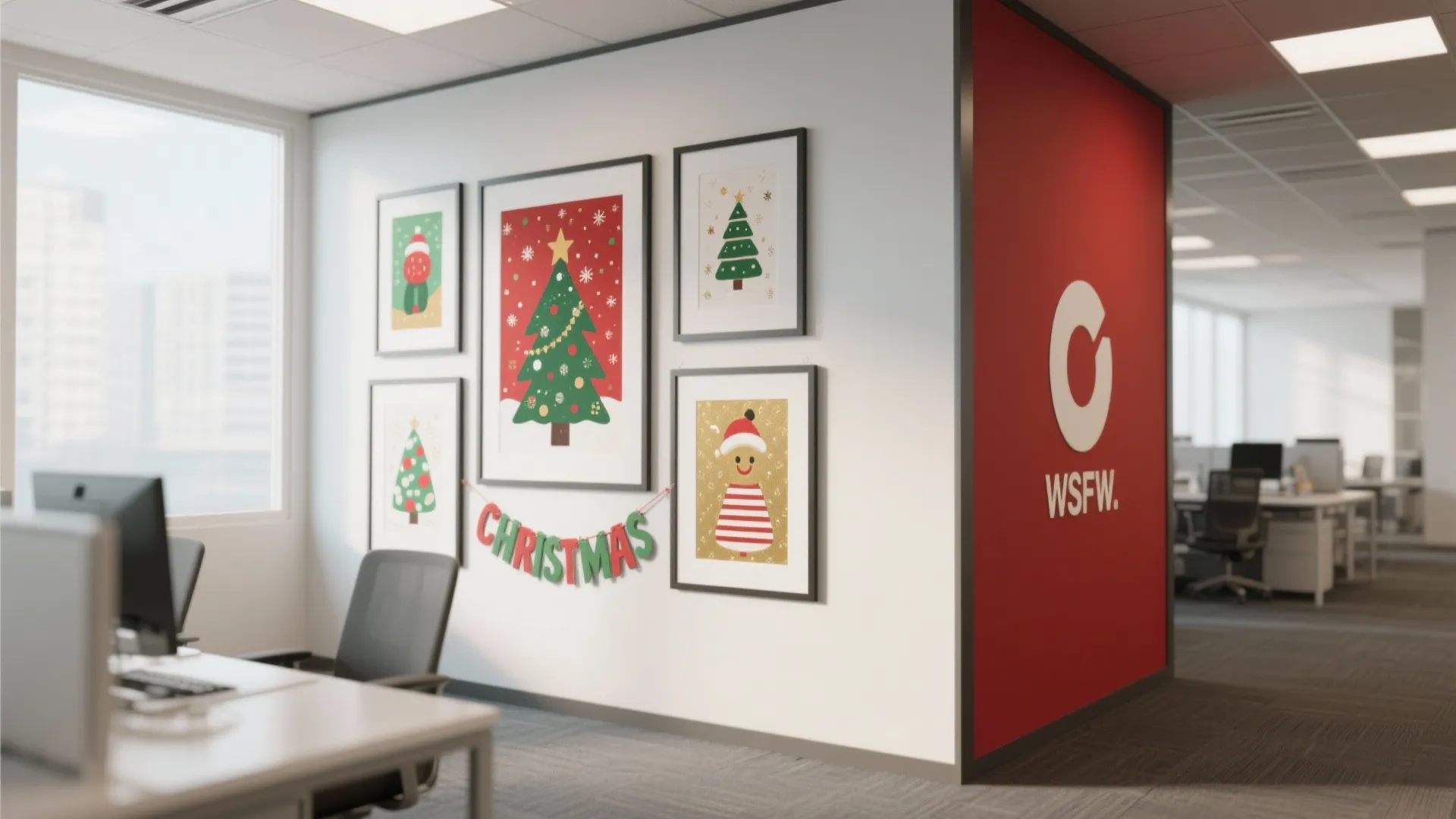 Office interior with five Christmas themed wall prints and a large red partition wall logo