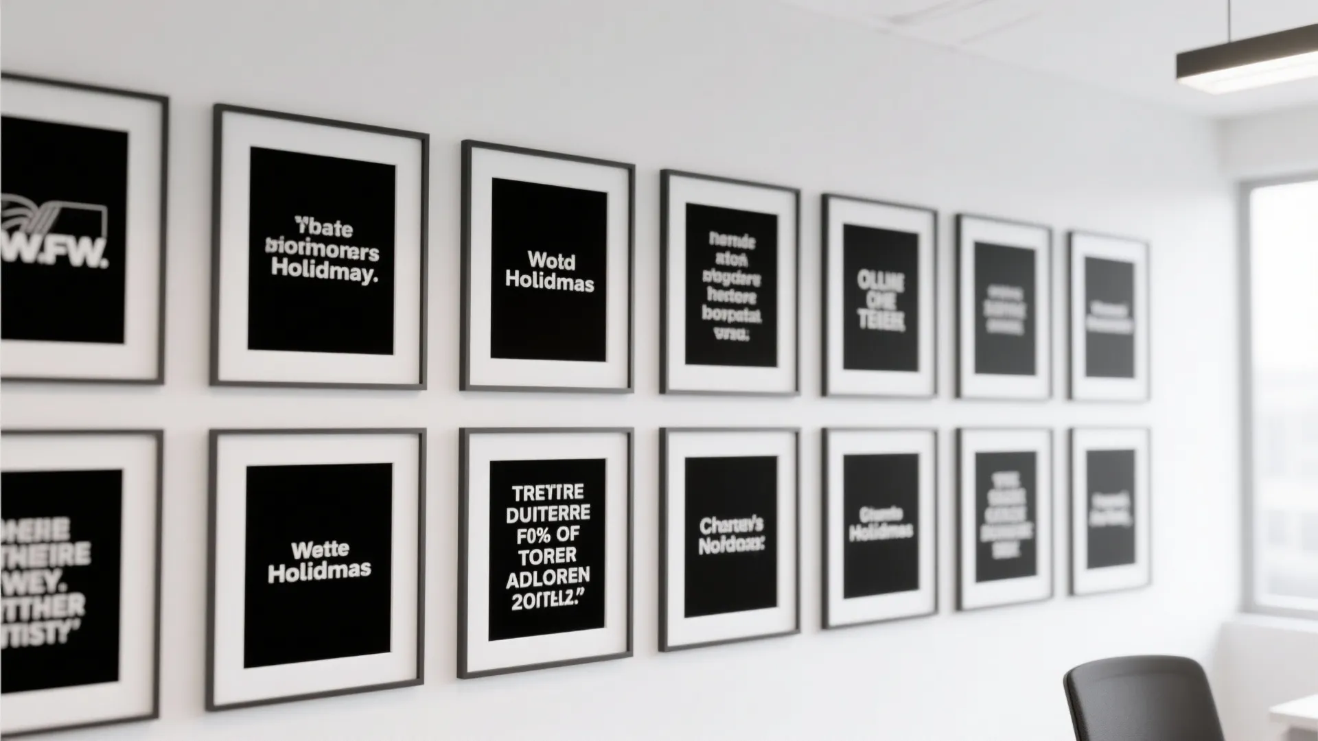 White office wall featuring a gallery of black and white framed holiday quotes and posters