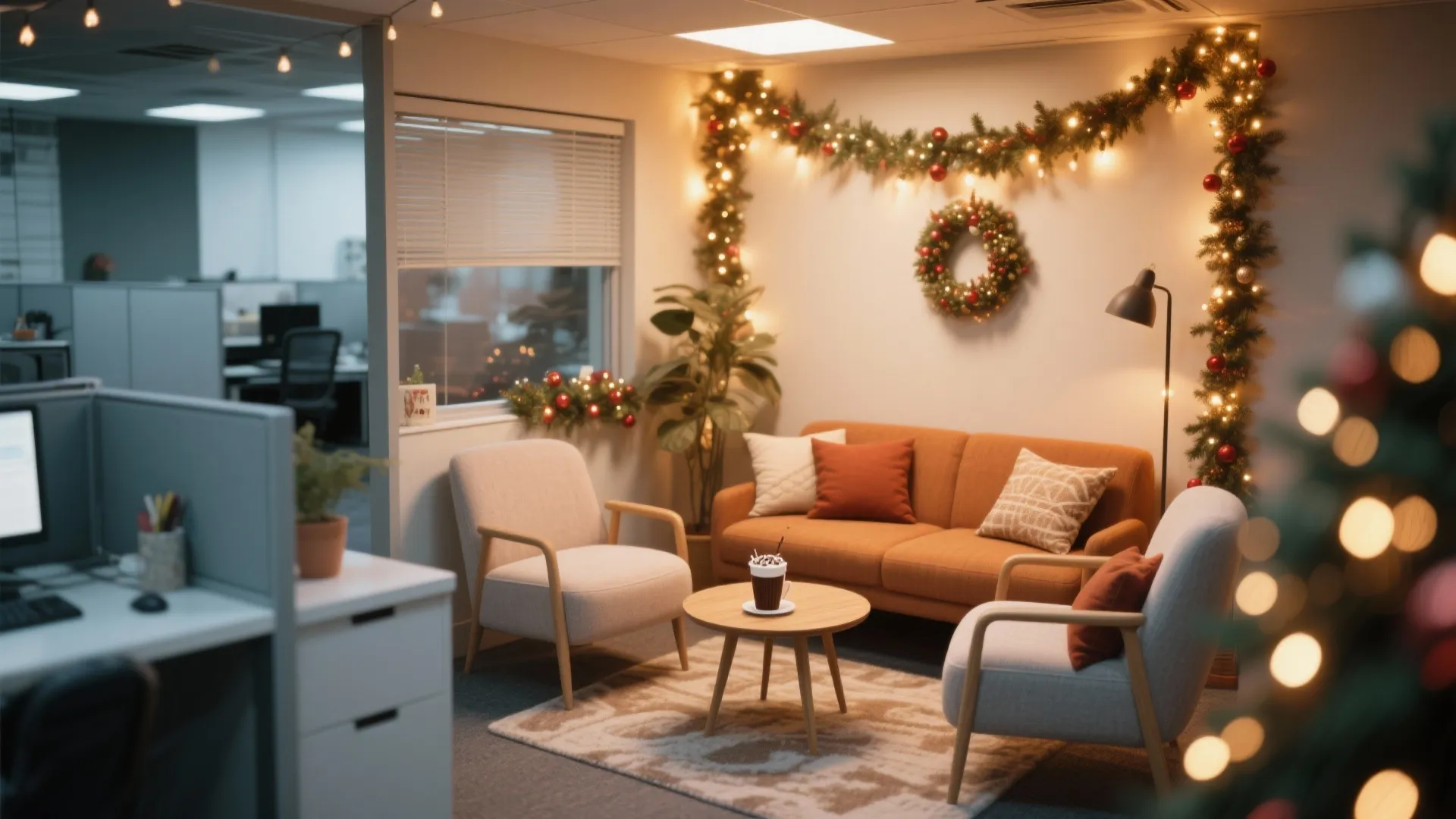 Office relaxation area with orange sofa two armchairs coffee table wreath and festive green leaf garlands