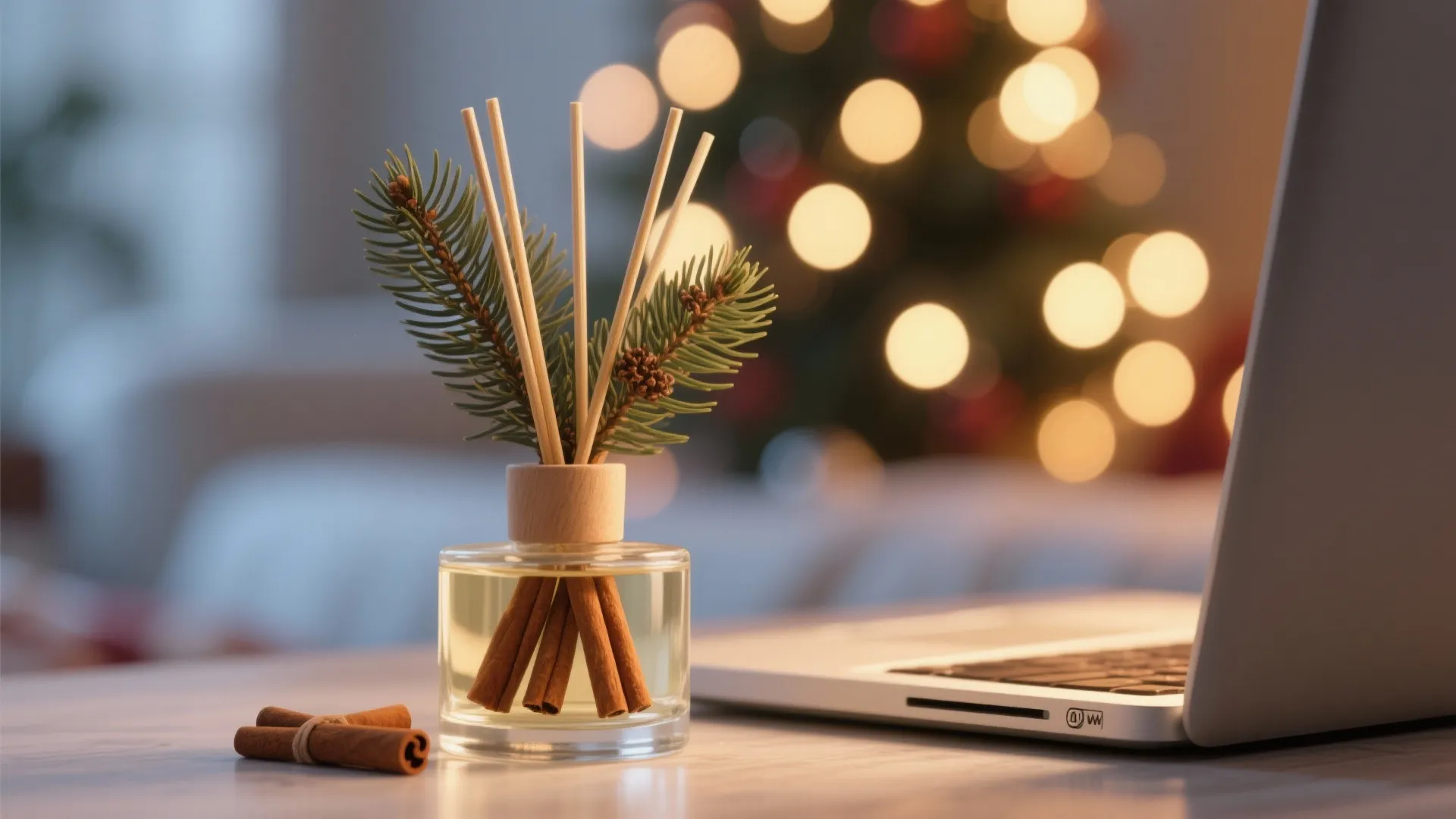 Holiday reed diffuser with pine branches and cinnamon sticks on desk next to laptop computer