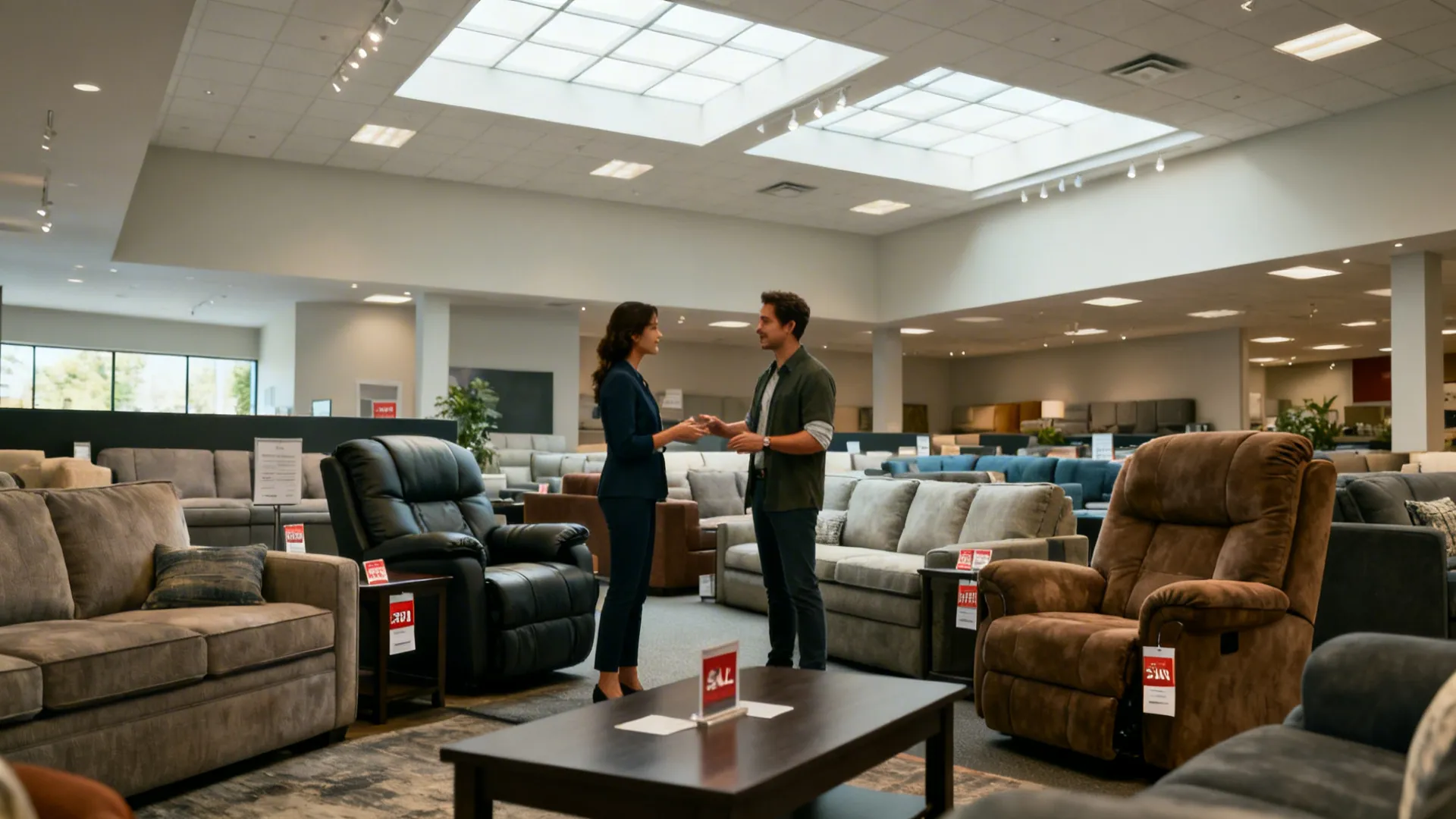 Furniture showroom with sofas on display and subtle sale tags during a major sale.