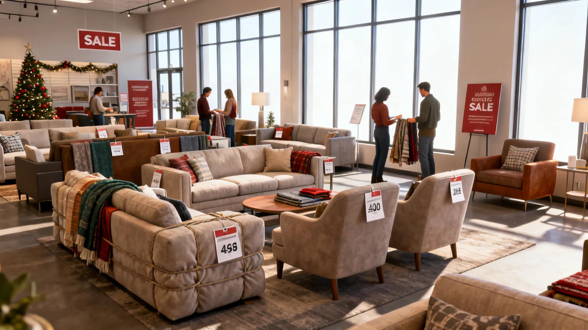 Showroom-style living room groupings staged for a holiday furniture sale
