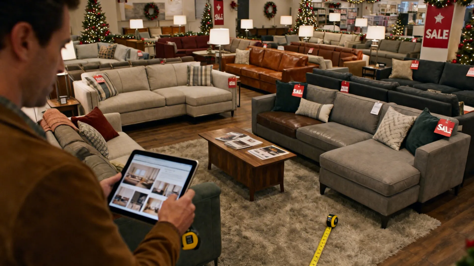 Furniture showroom with sofas and sale tags during a holiday sale
