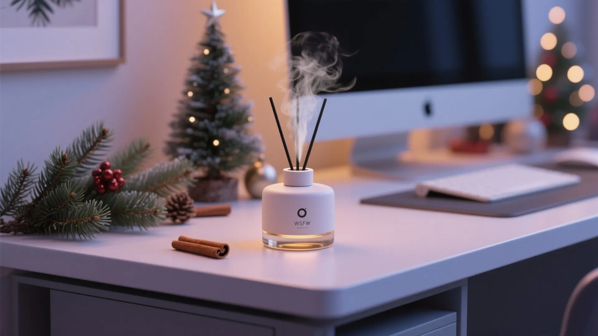 White desk featuring a scent diffuser, computer monitor, small Christmas tree, and some brown sticks