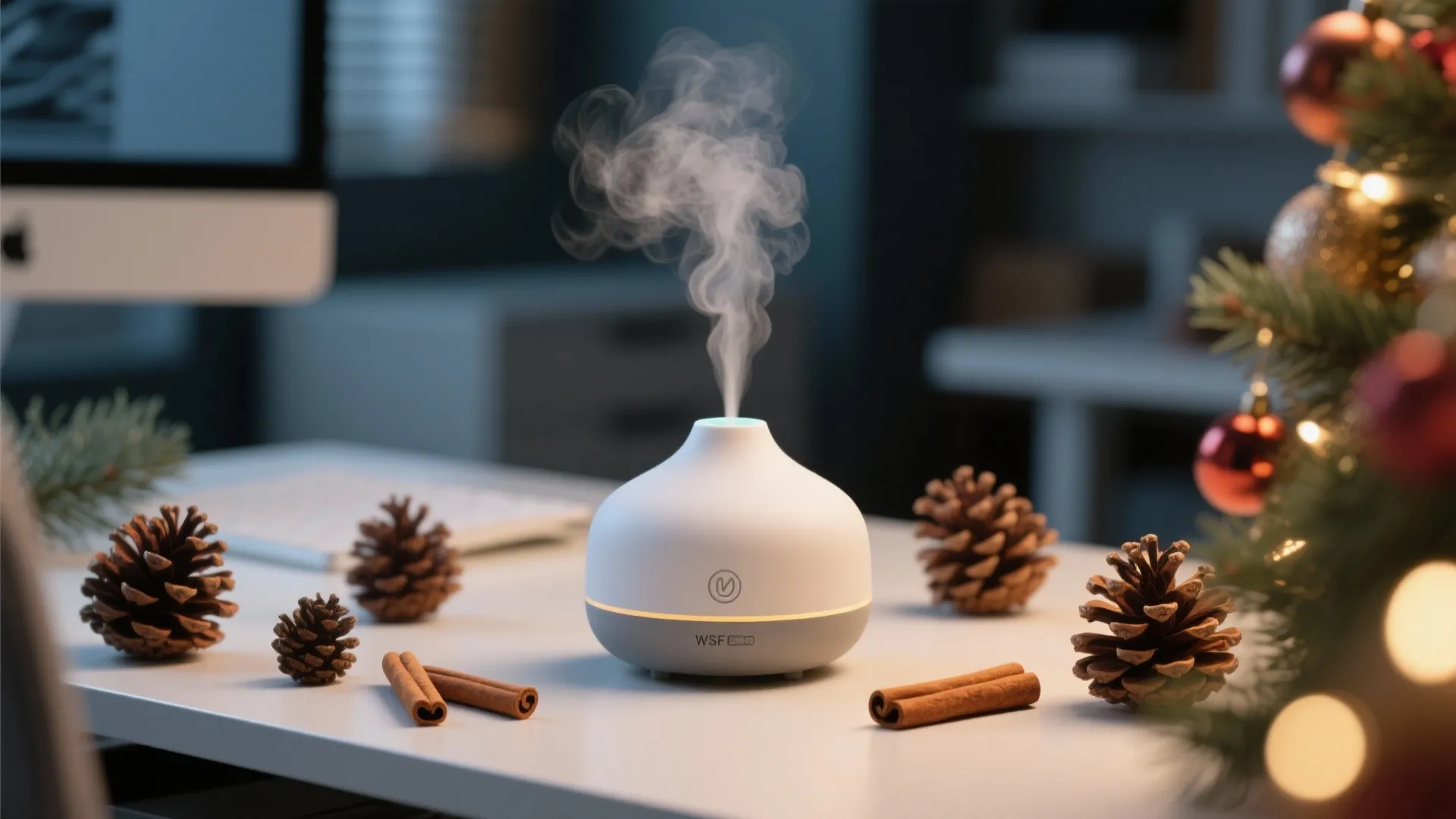 White scent diffuser with steam on a desk with pine cones and cinnamon sticks nearby