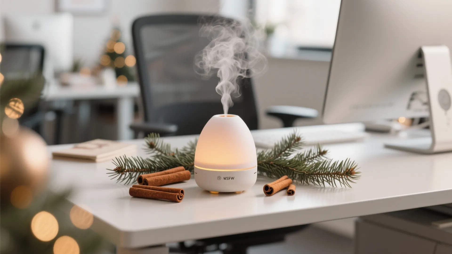 White oil diffuser releasing steam next to cinnamon sticks and green pine branches on desk