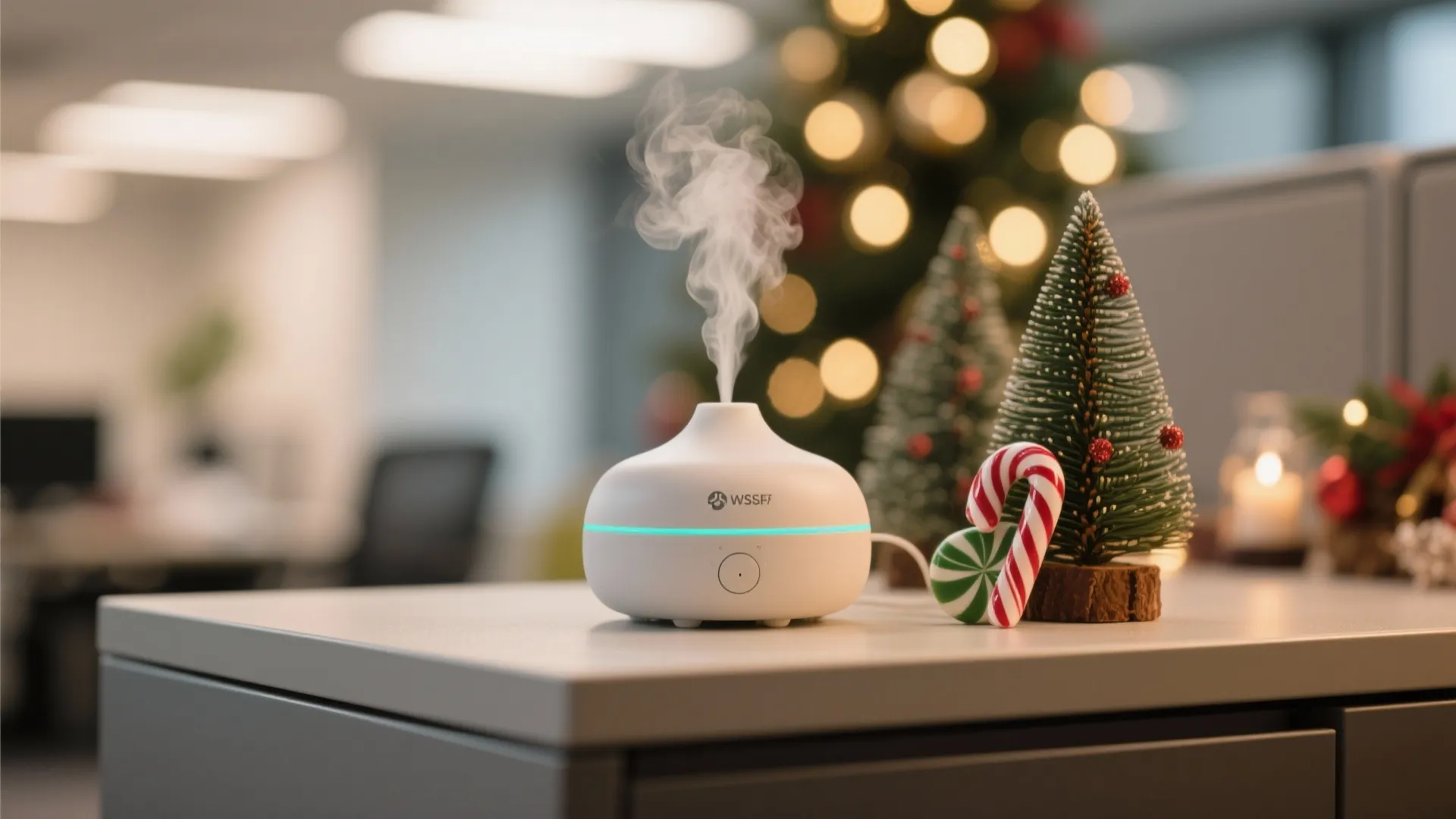 White desk humidifier with steam next to small Christmas trees and candy on office desk