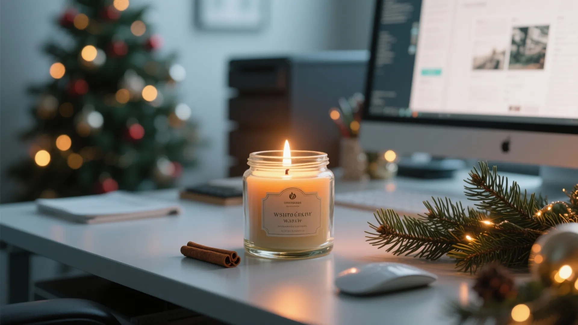 Lit scented candle on white desk with cinnamon sticks near computer and blurry Christmas tree