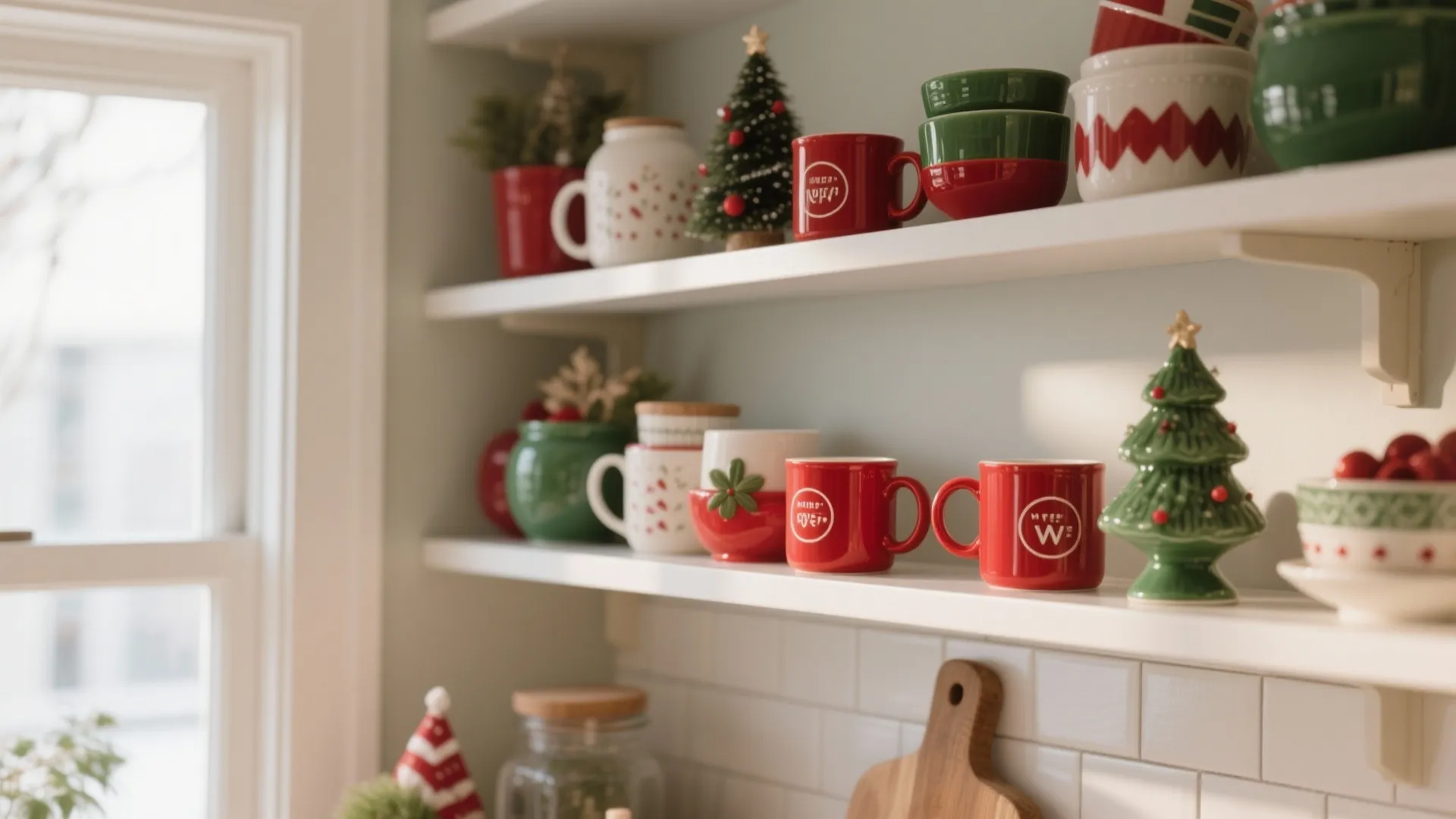 White kitchen shelves styled with red mugs green bowls small Christmas trees and holiday themed ceramics