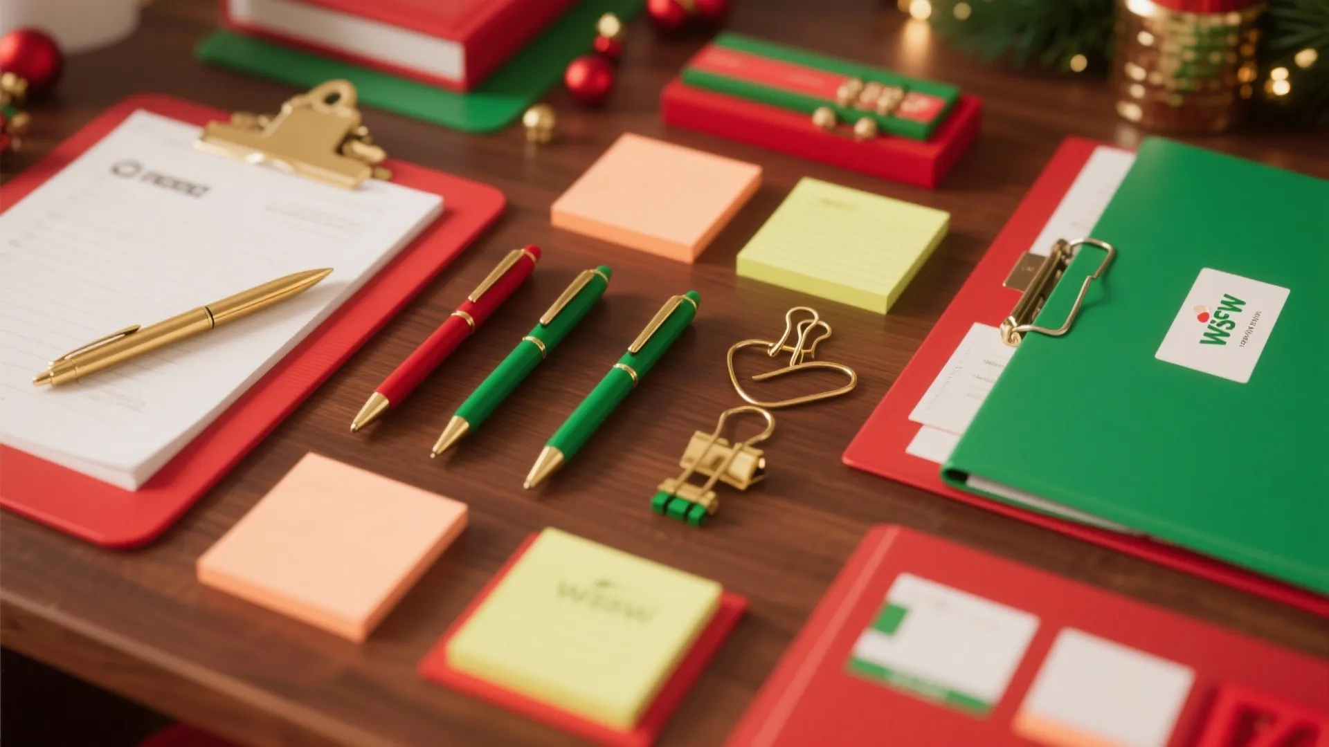 Red and green office stationery with clipboards pens and sticky notes on a wooden desk