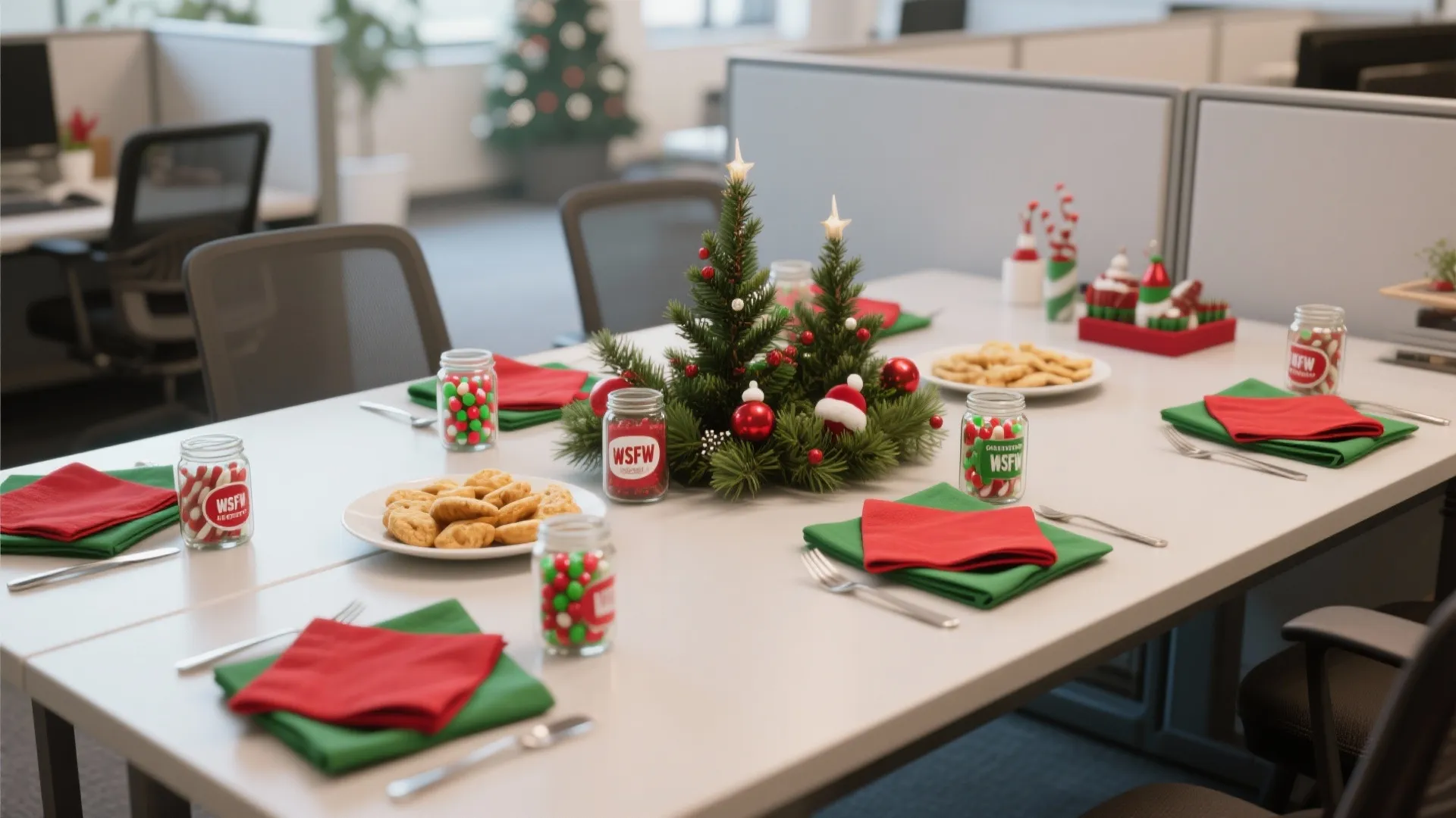 Office table set for Christmas with red napkins, green napkins, candy jars, and small trees