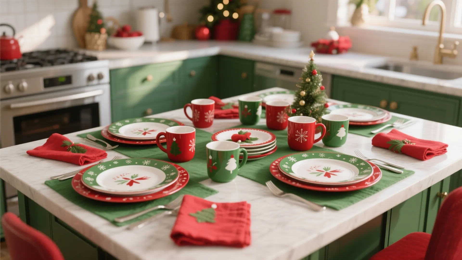 Kitchen island set with festive red and green plates mugs napkins and small Christmas tree