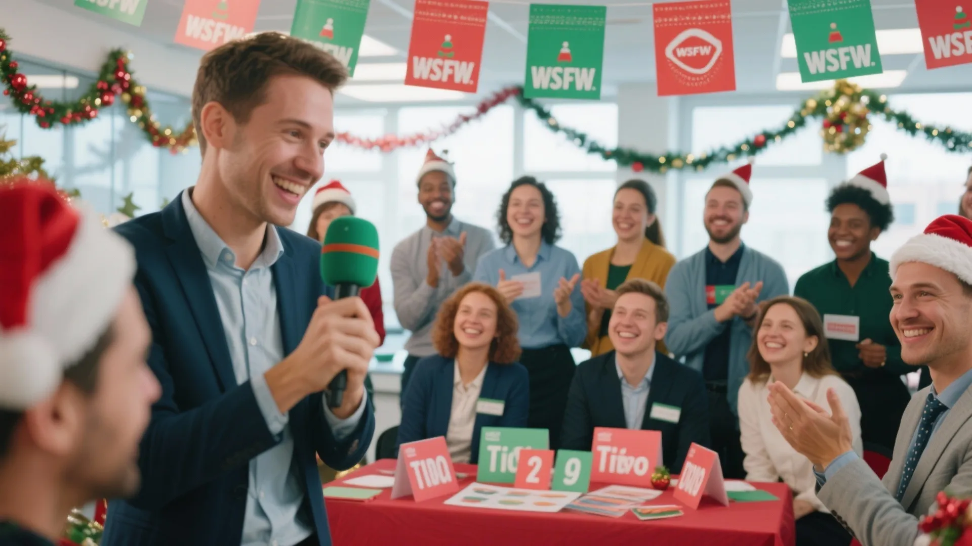 Man holding a green microphone speaks to a cheering crowd during a festive holiday event