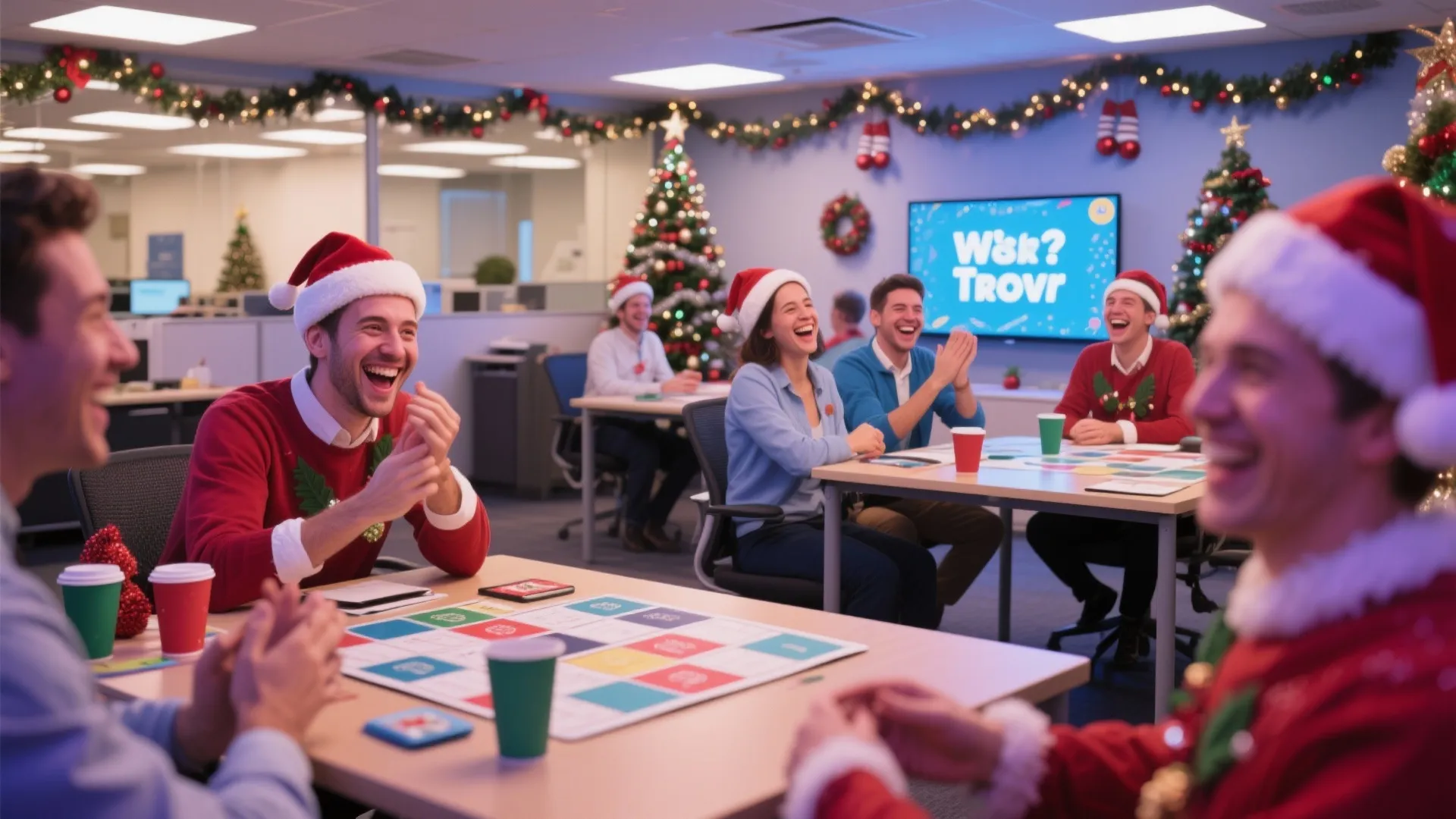 Office employees wearing red Santa hats playing a board game together during a Christmas party