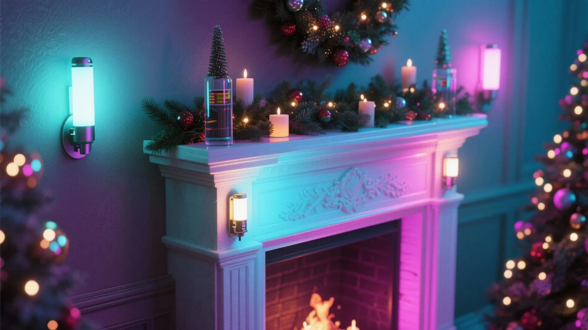 Festive mantel lit by temporary battery uplights for a holiday event.