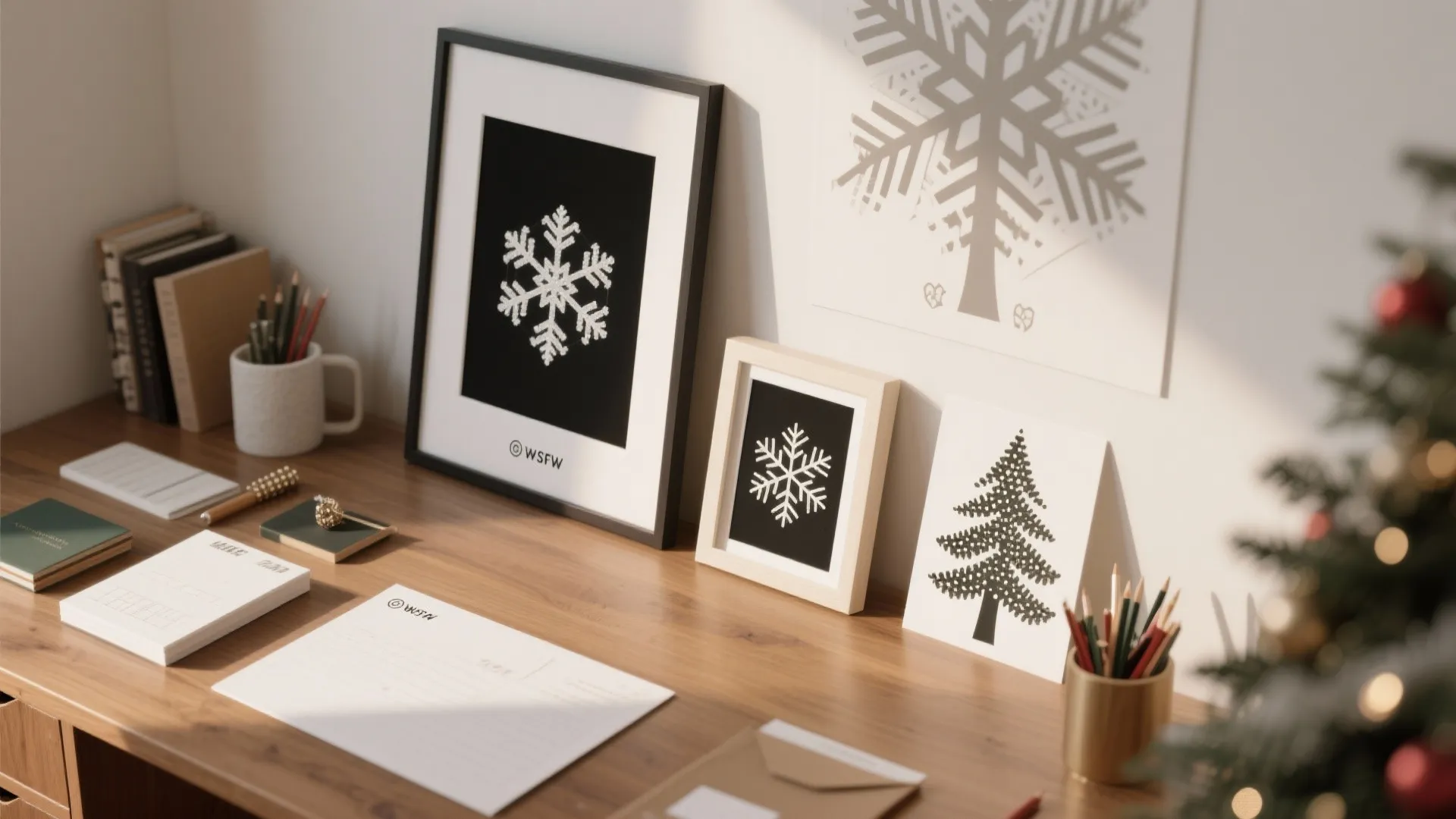 Wooden desk featuring snowflake wall art frames and notebooks with festive green plant and pencils