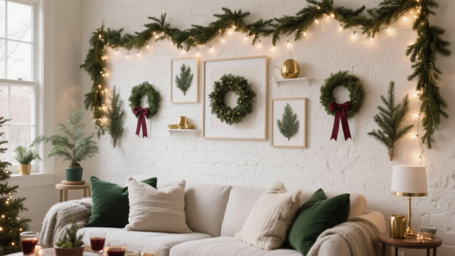 Living room with white sofa and green pillows featuring Christmas wall decorations and warm lights