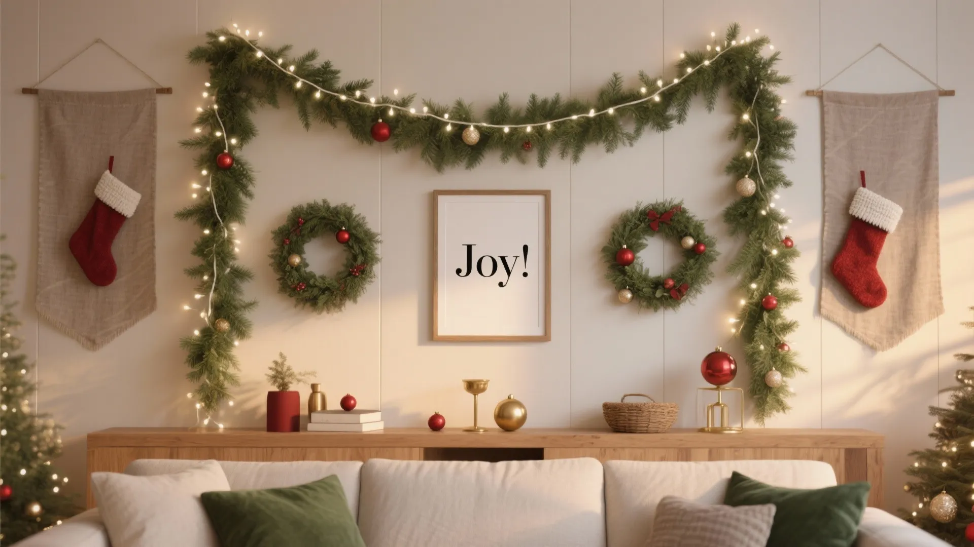 Living room decorated for Christmas with green garlands, fairy lights, red stockings, and holiday wall art