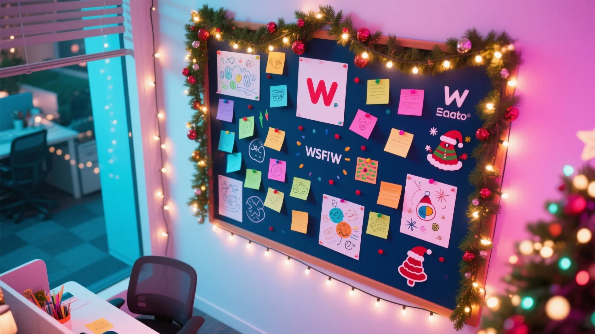 Dark blue bulletin board with colorful sticky notes and Christmas garland with warm string lights