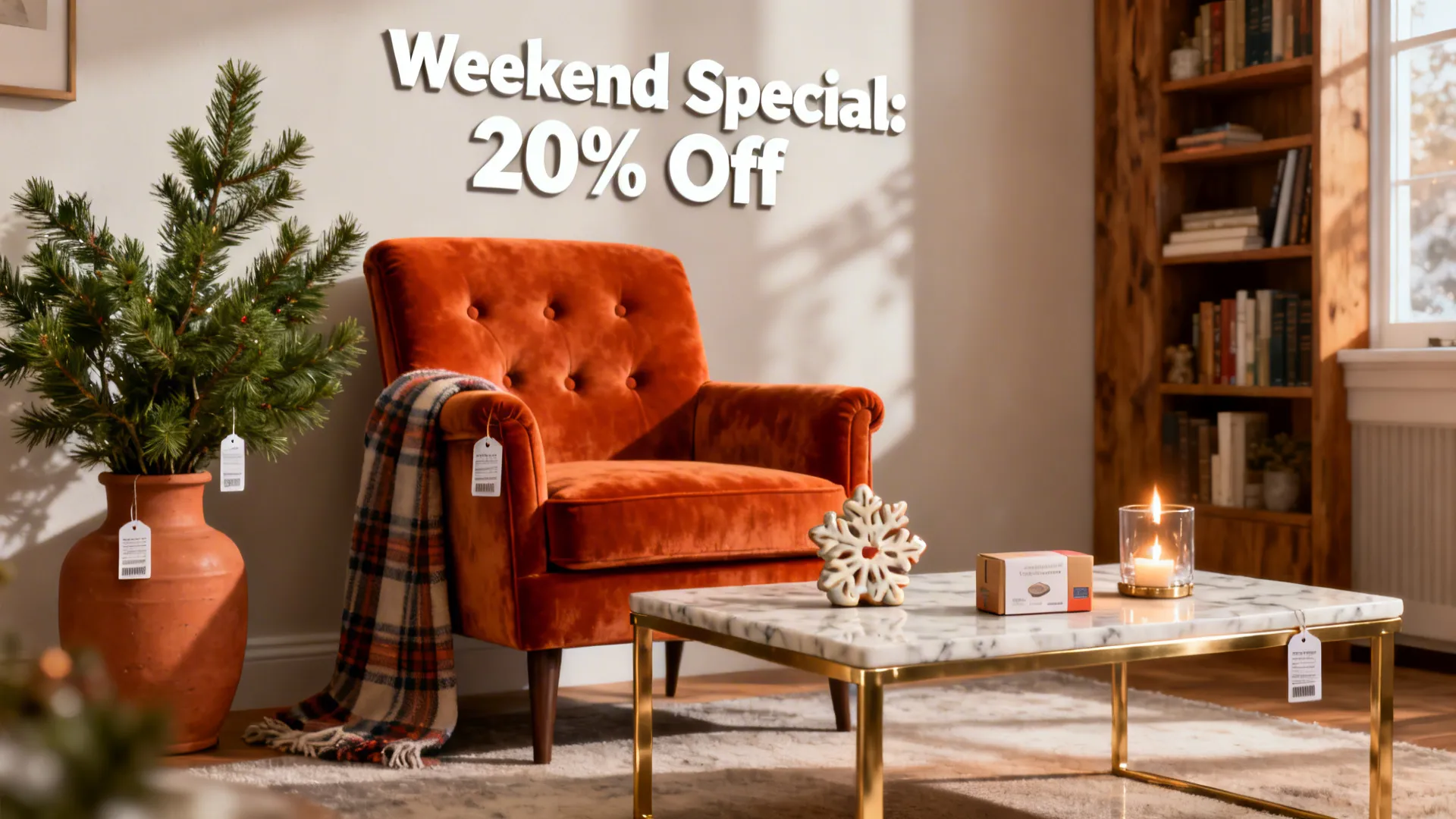 Staged living room vignette highlighting accent furniture during holiday sales