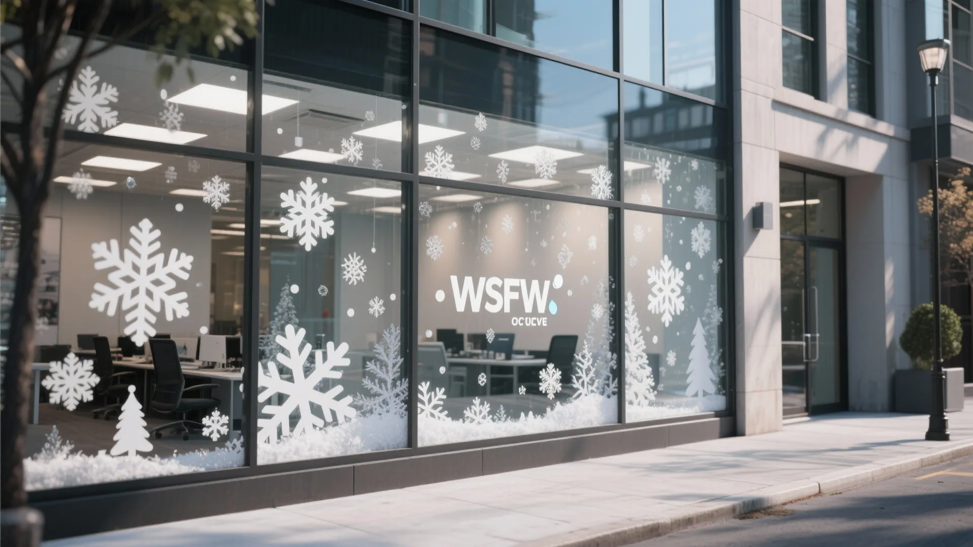 Office glass windows decorated with white snowflake stickers and small white trees for holiday season display