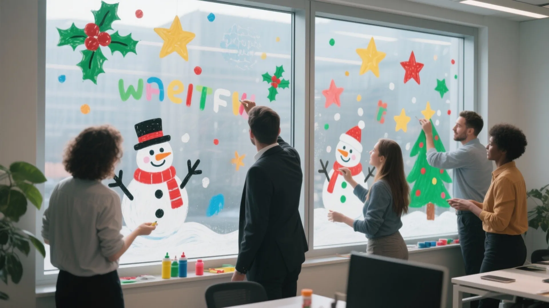 People painting colorful holiday decorations including a snowman and stars on a large office window